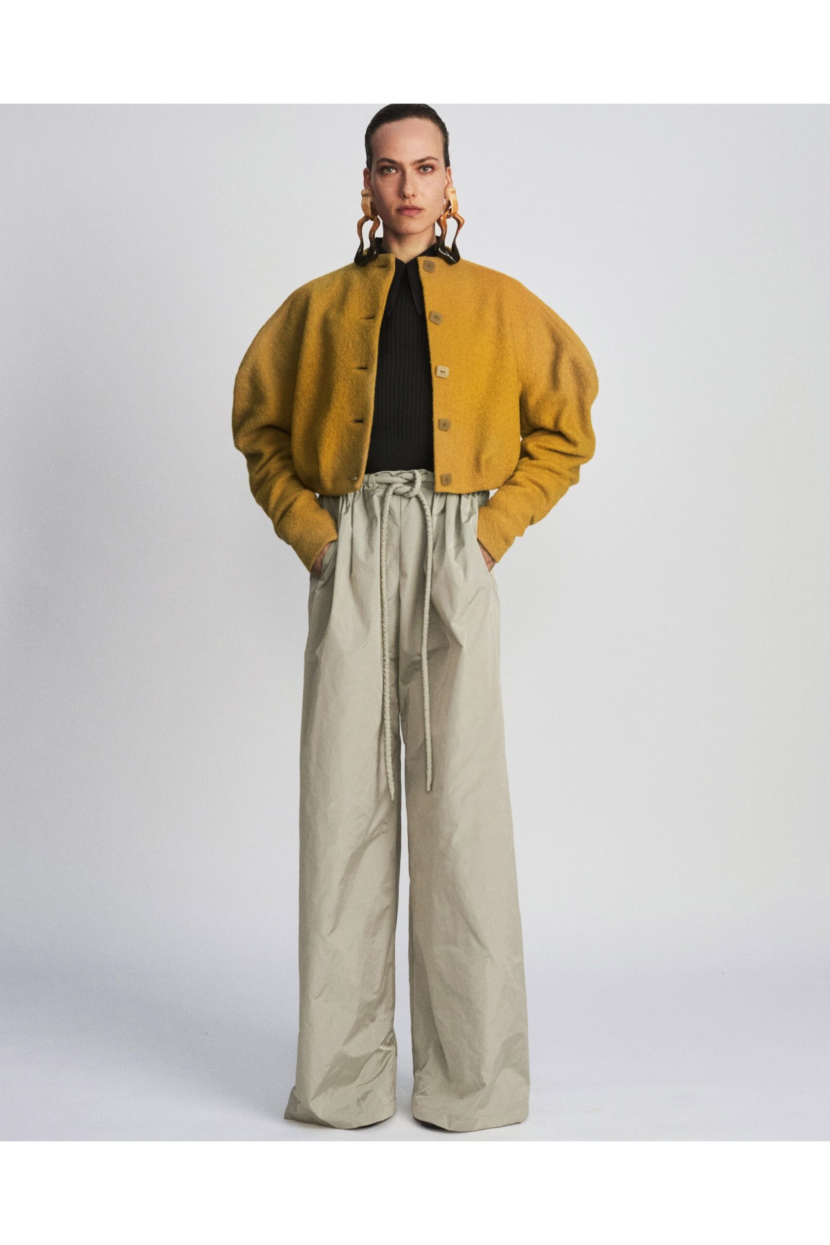 yellow wool long-sleeve collared relaxed buttoned jacket
