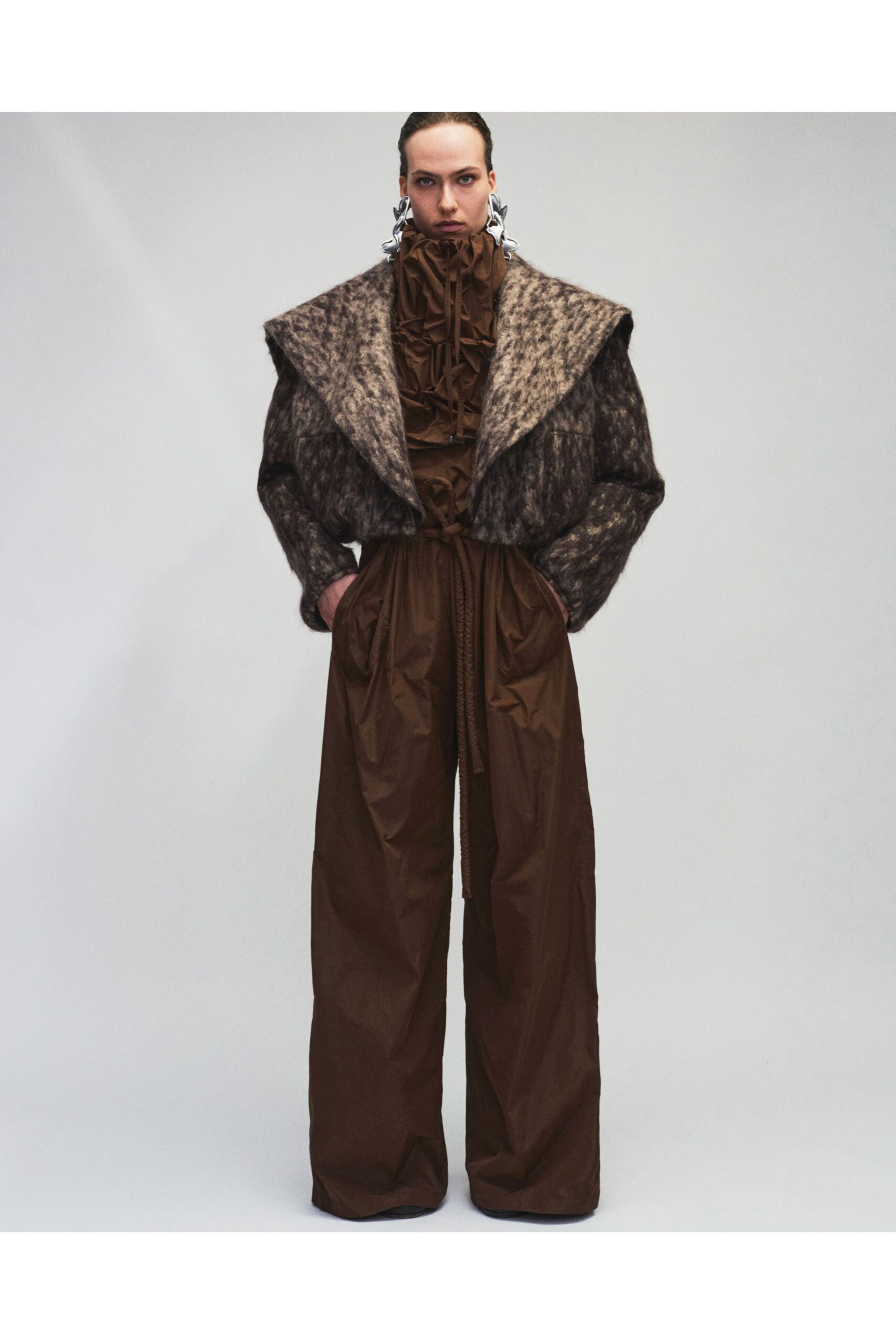 brown wool long-sleeve collared relaxed layered jacket