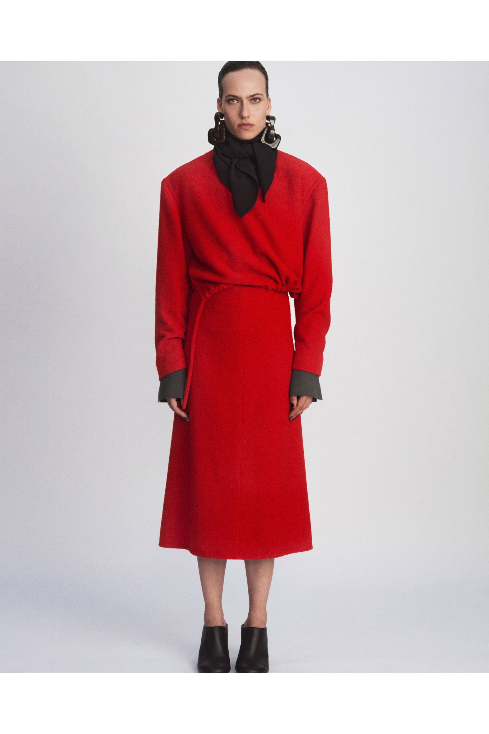 red wool long-sleeve v-neck fitted belted straight-leg dress
