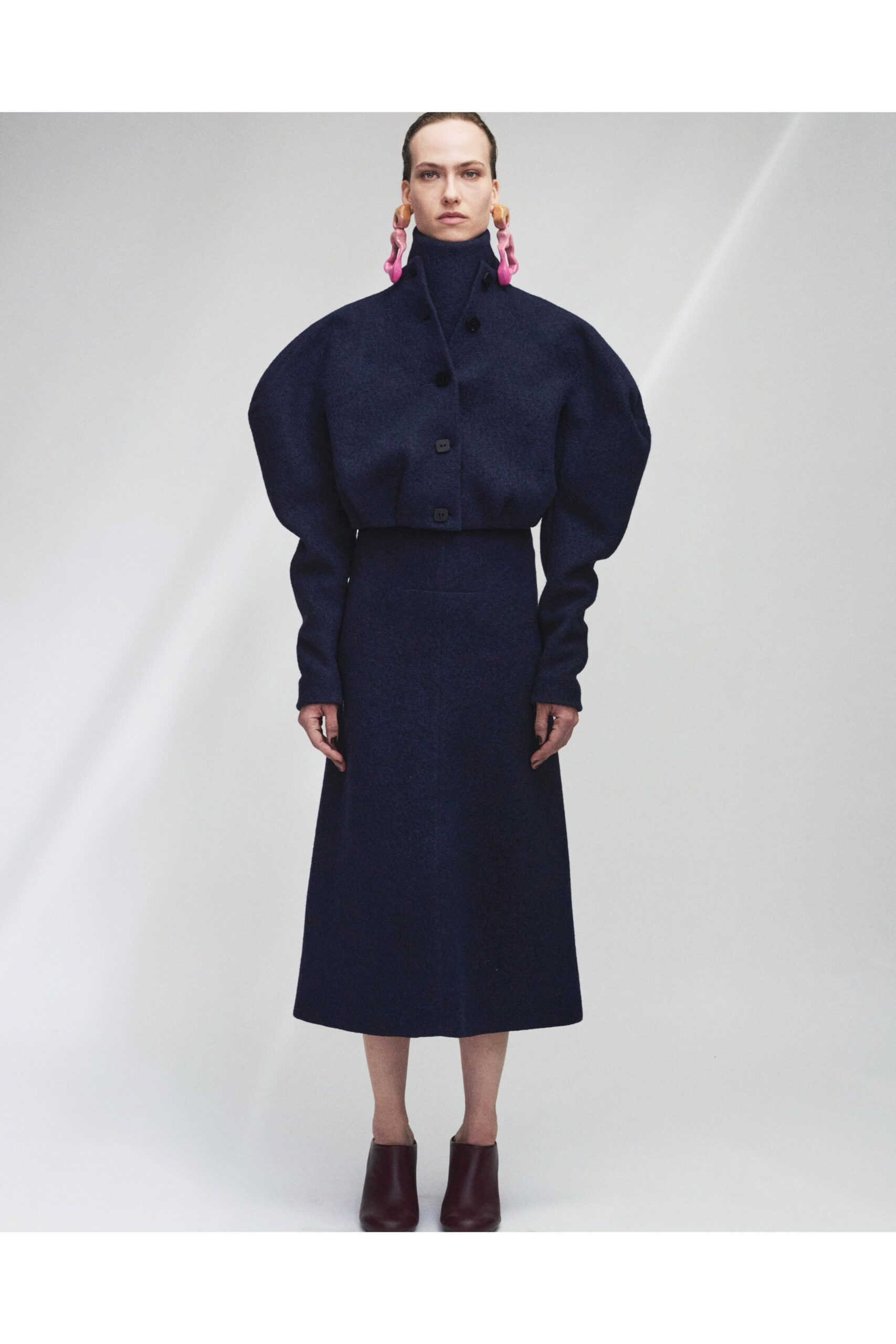 blue wool long-sleeve collared structured buttoned jacket