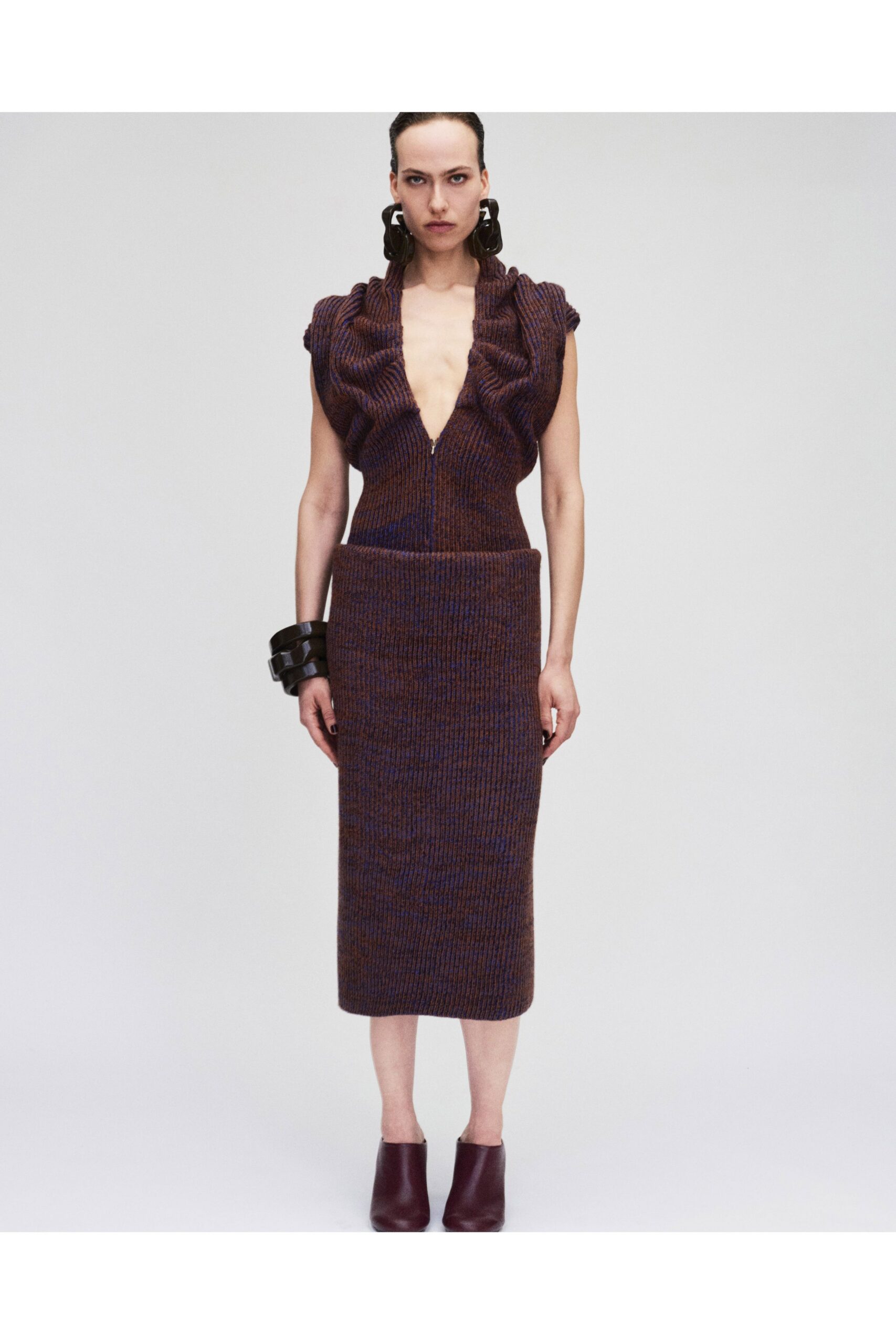 brown knit sleeveless v-neck fitted ruched midi dress