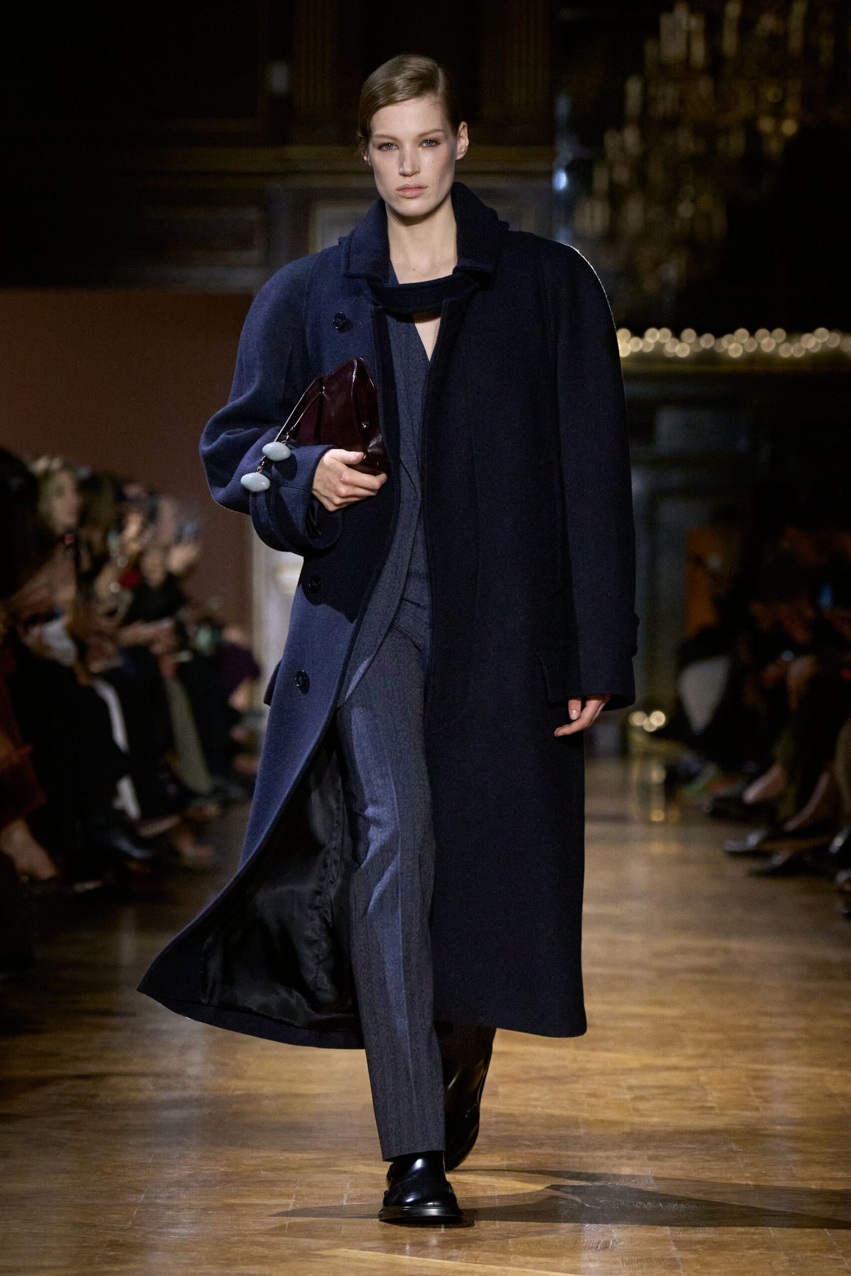 blue wool long-sleeve collared relaxed buttoned coat