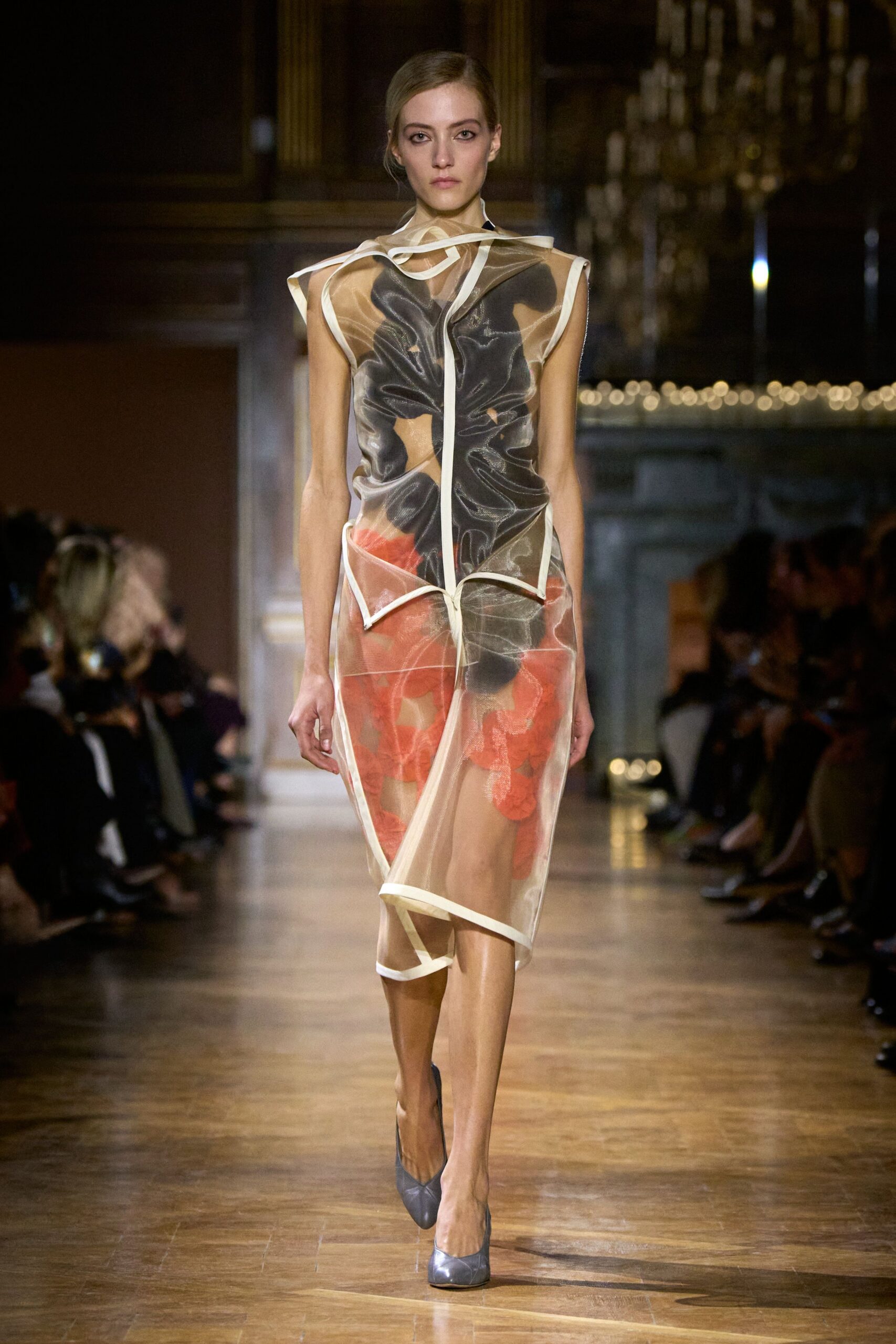 beige silk sleeveless v-neck fitted layered printed dress