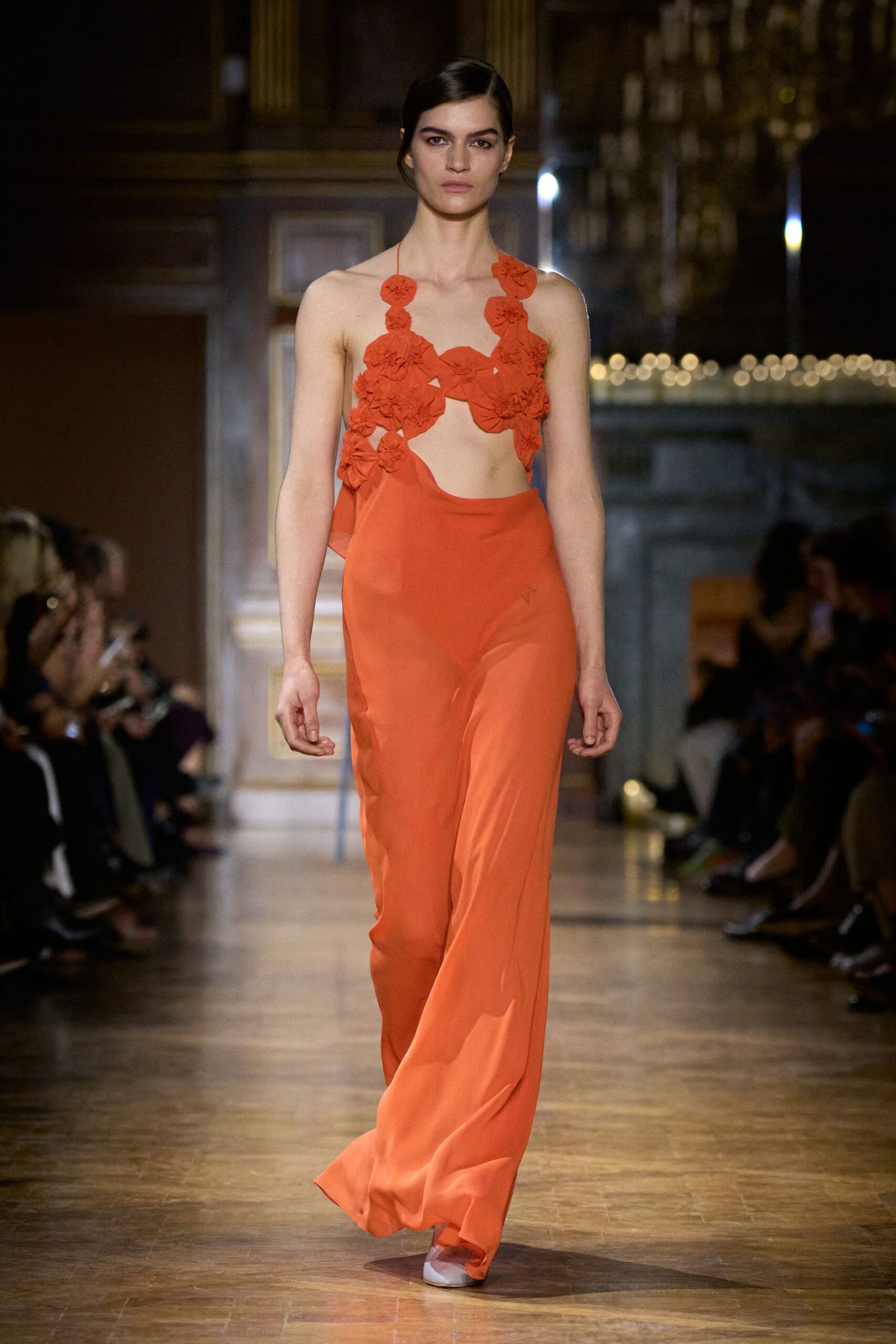 orange silk sleeveless jumpsuit