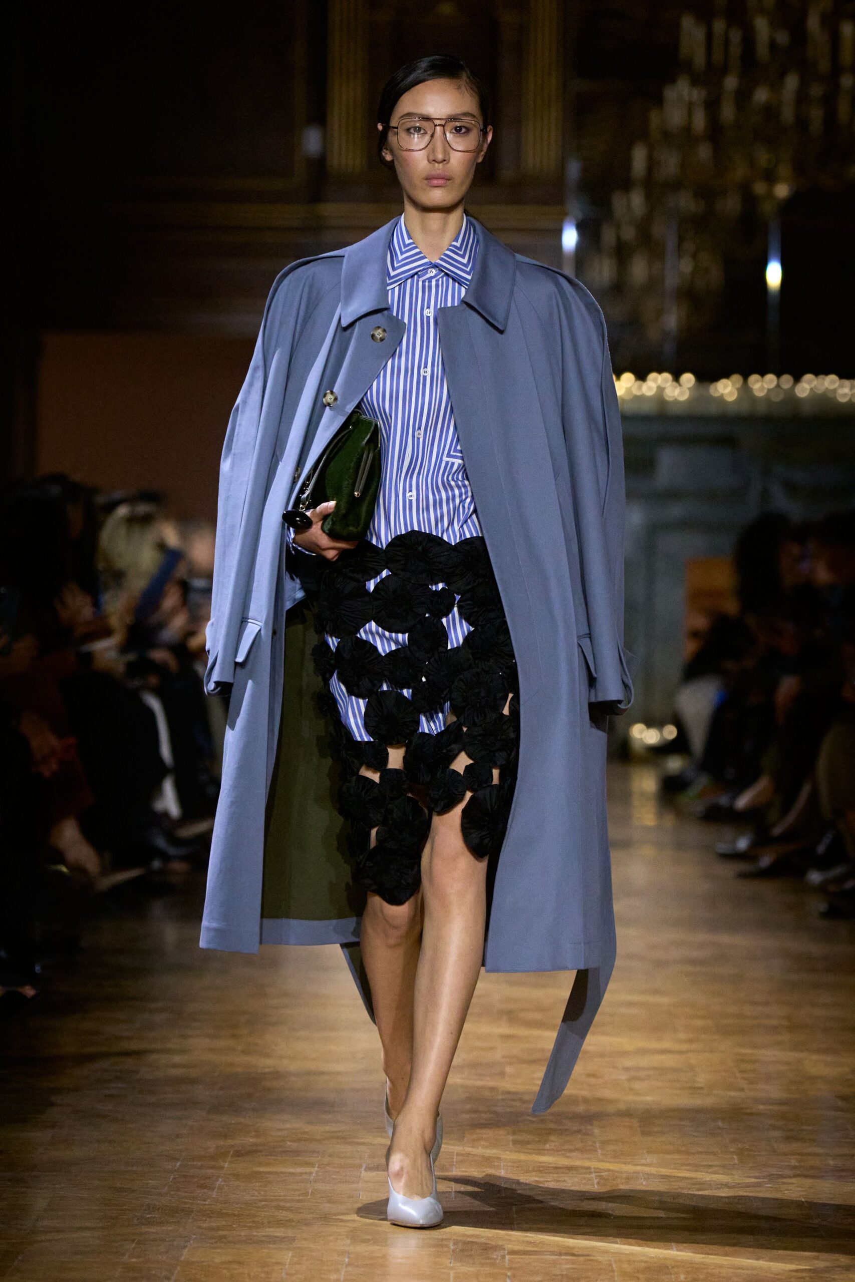 blue wool long-sleeve collared relaxed layered coat