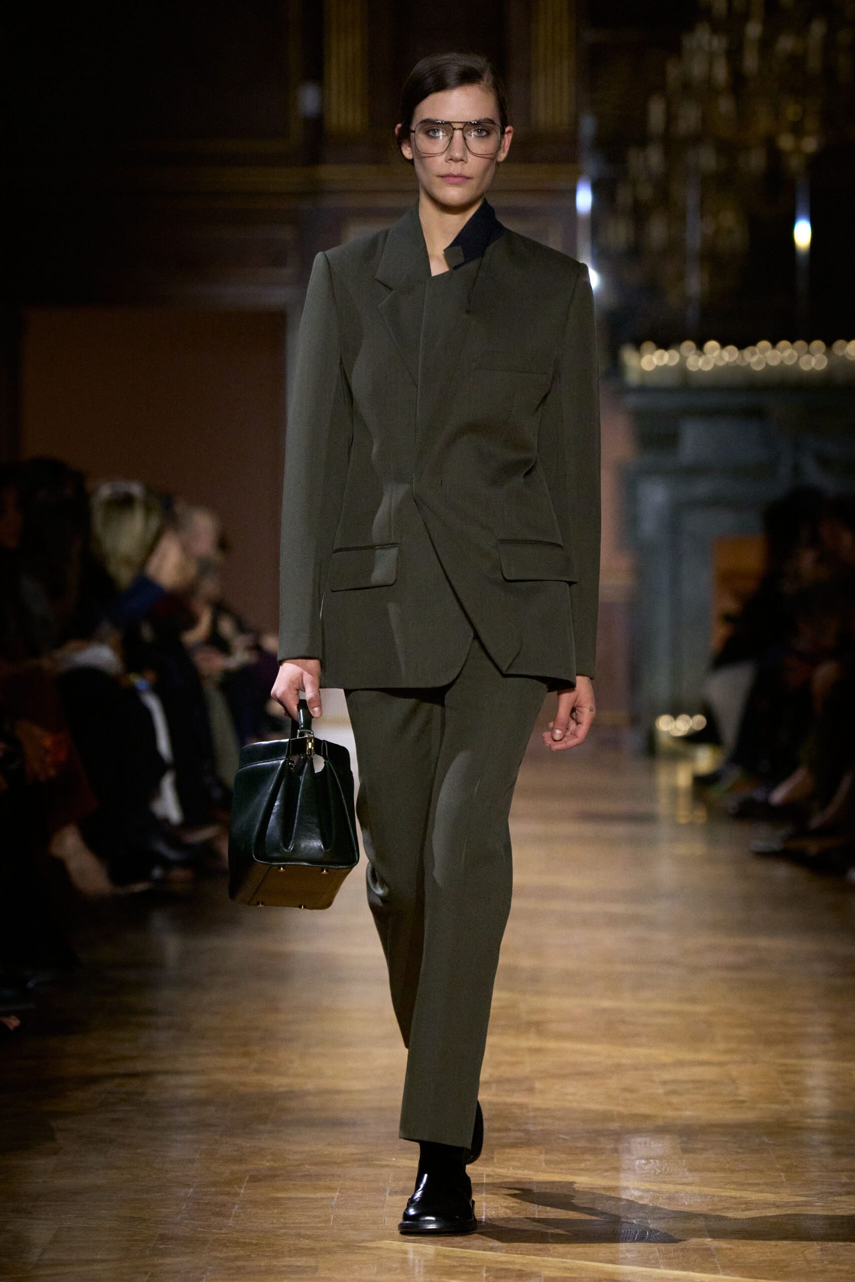 green wool tailored straight-leg pants