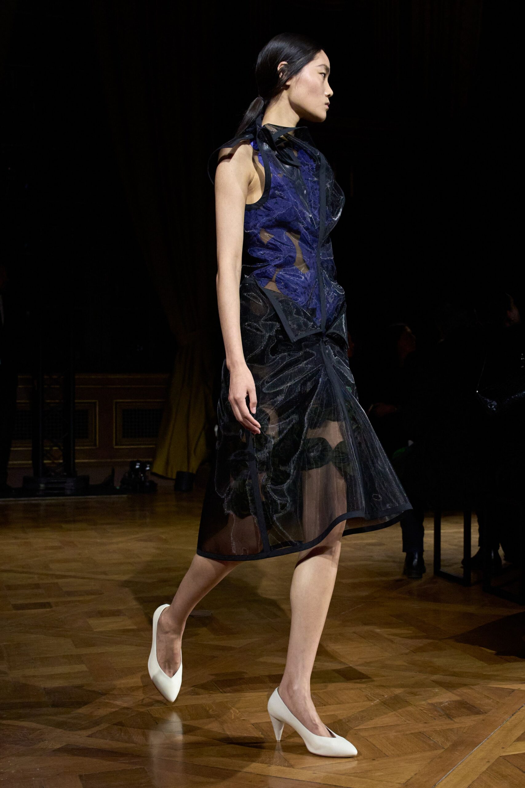 black silk sleeveless v-neck fitted layered pleated dress