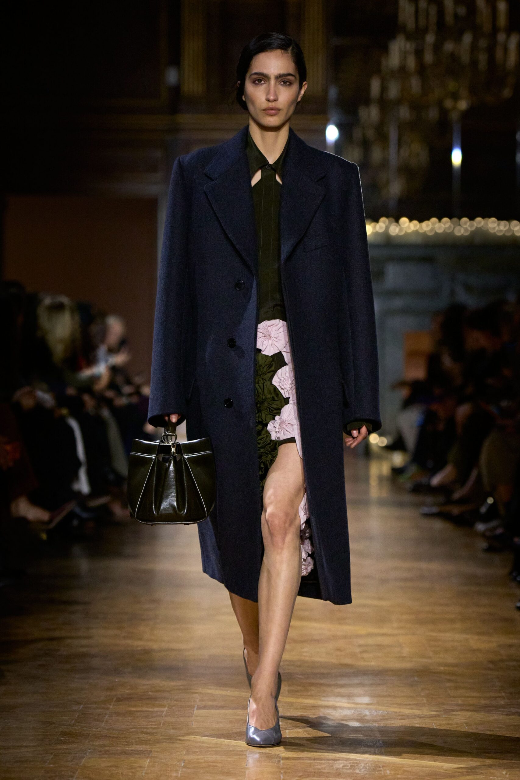 black wool long-sleeve collared structured buttoned coat