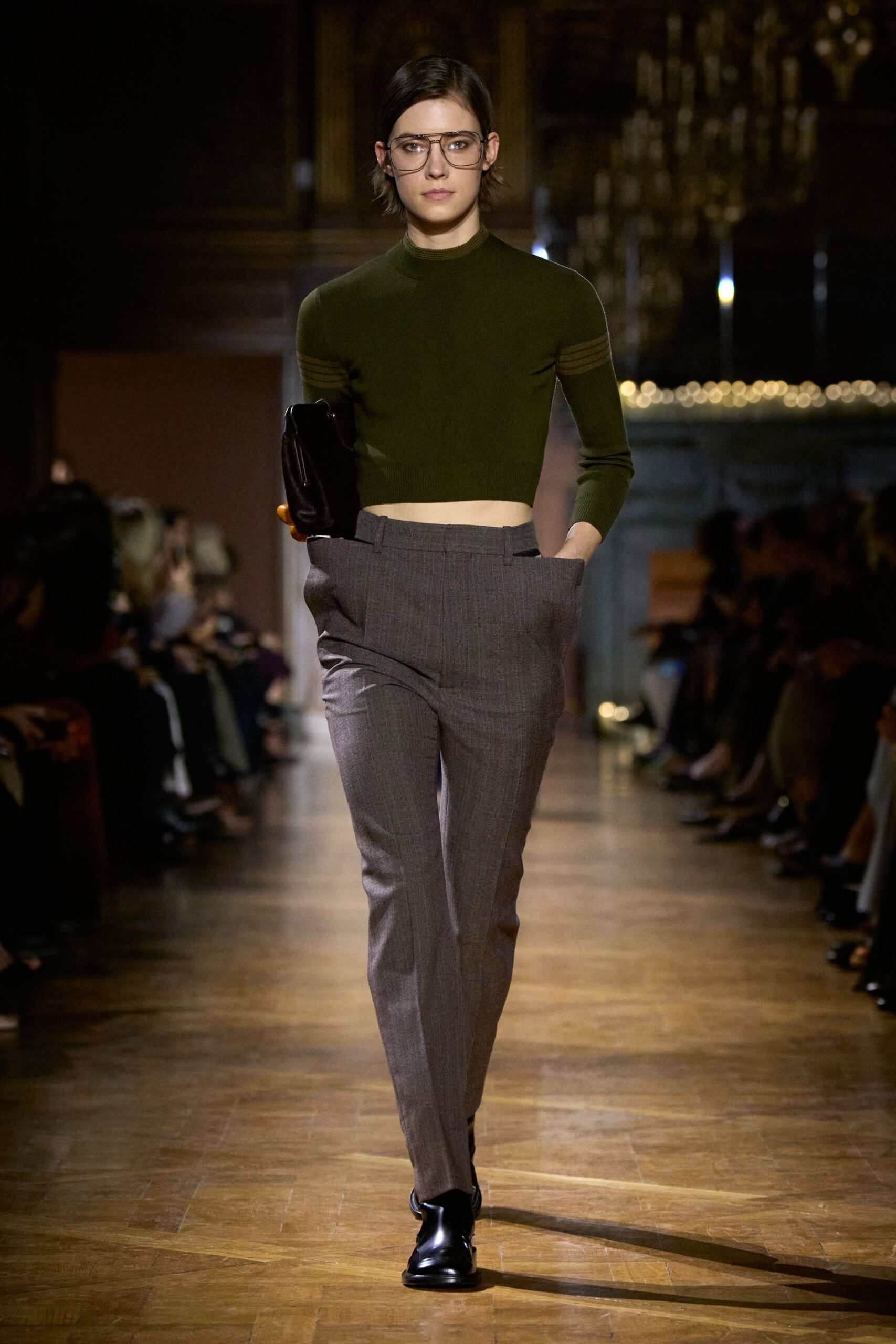 green fitted top gray tailored pants