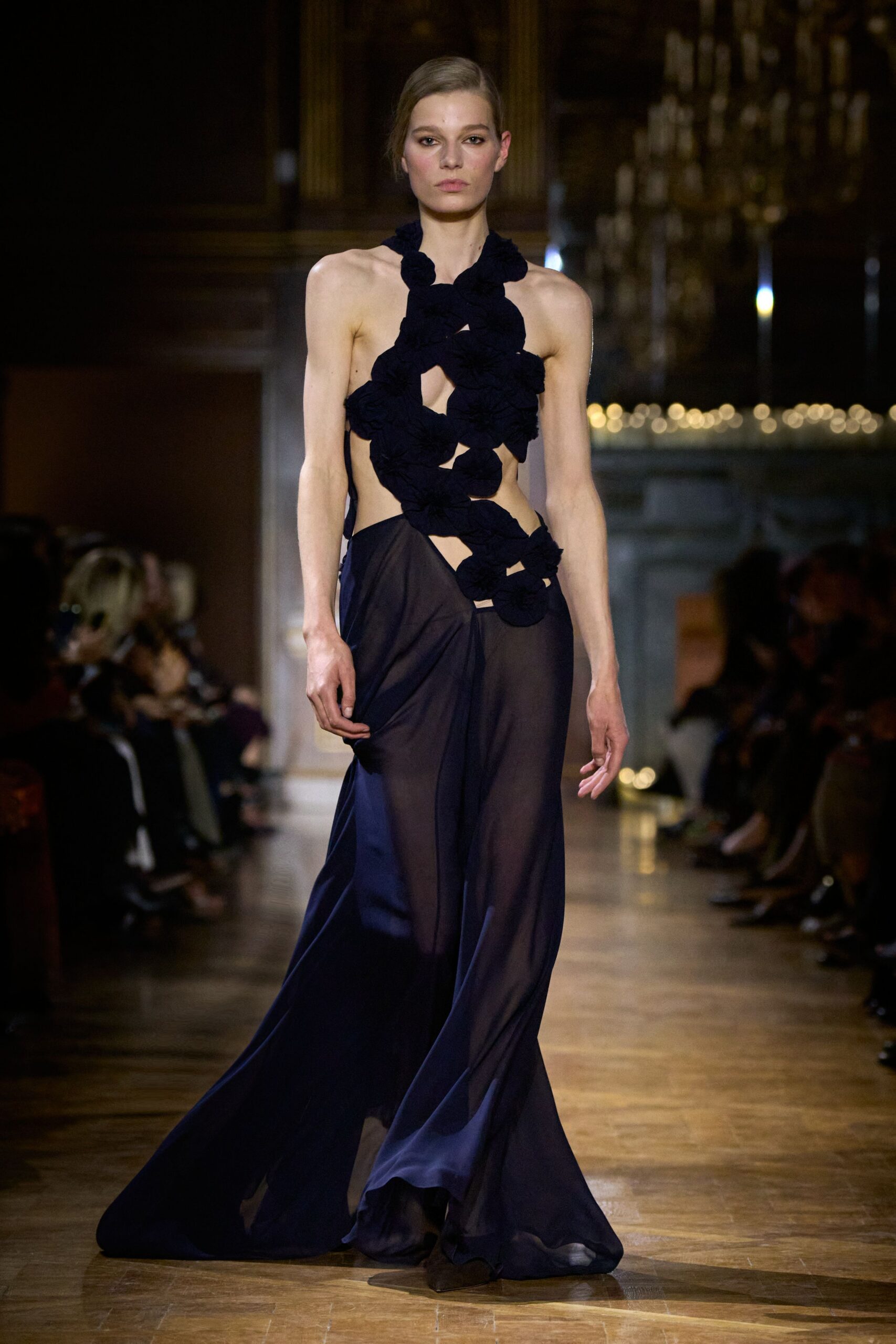 navy silk sleeveless gown