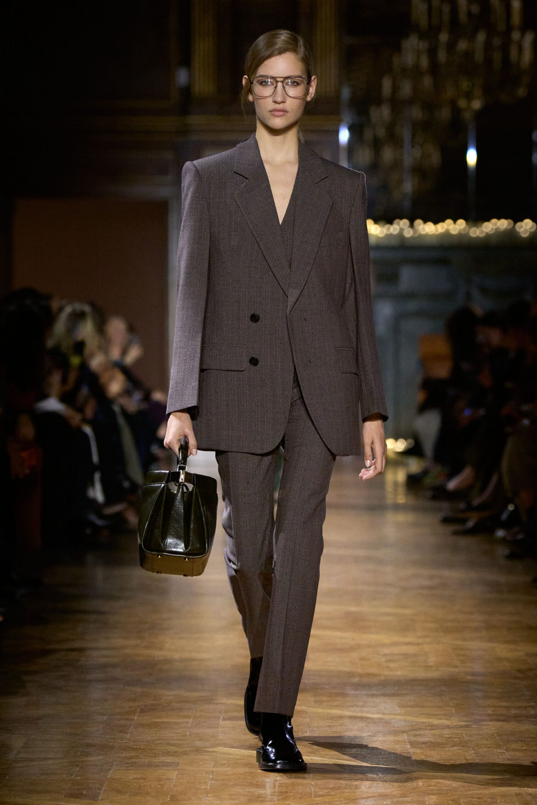 brown wool long-sleeve v-neck tailored structured buttoned suit