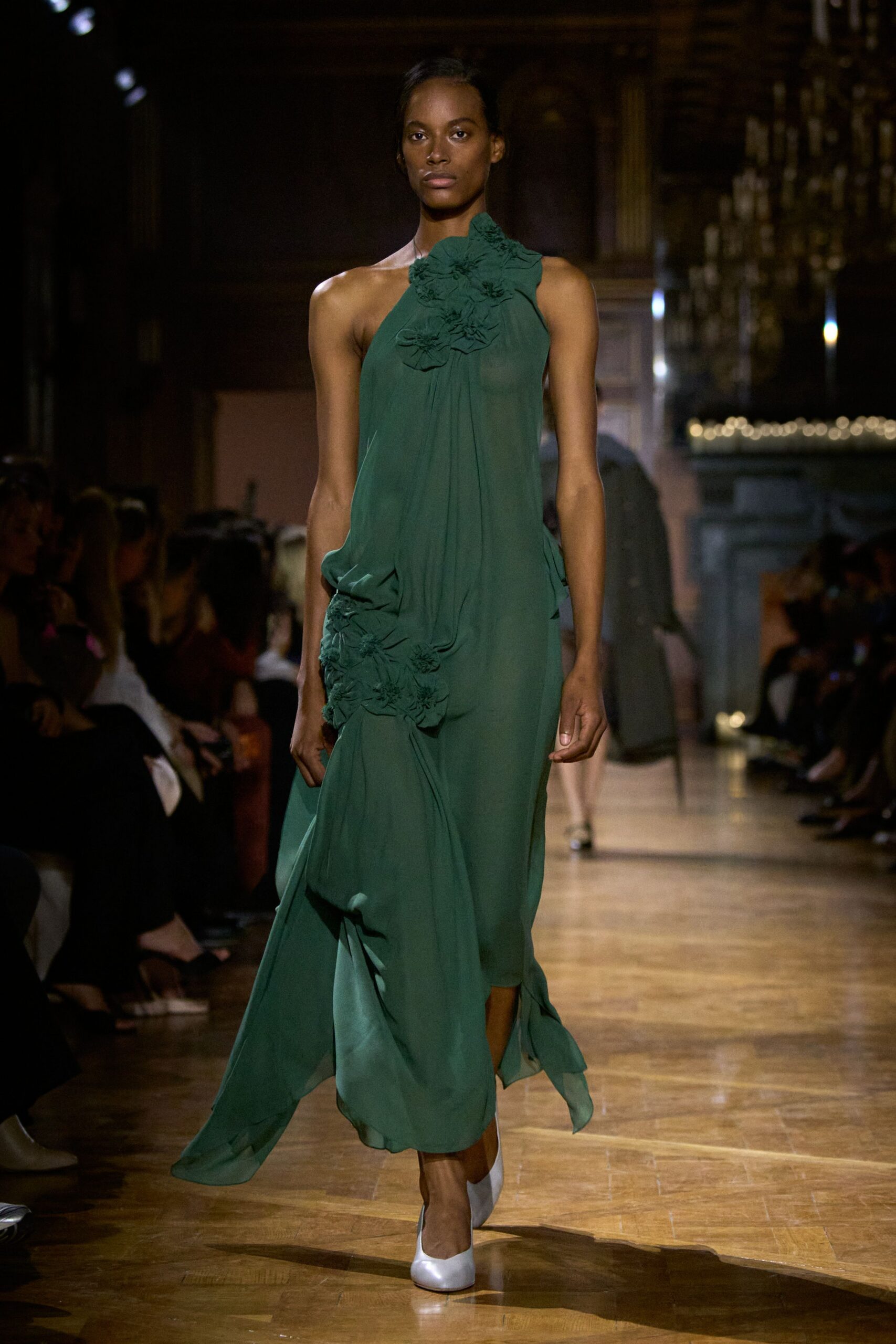 green silk sleeveless high-neck relaxed floral draped gown