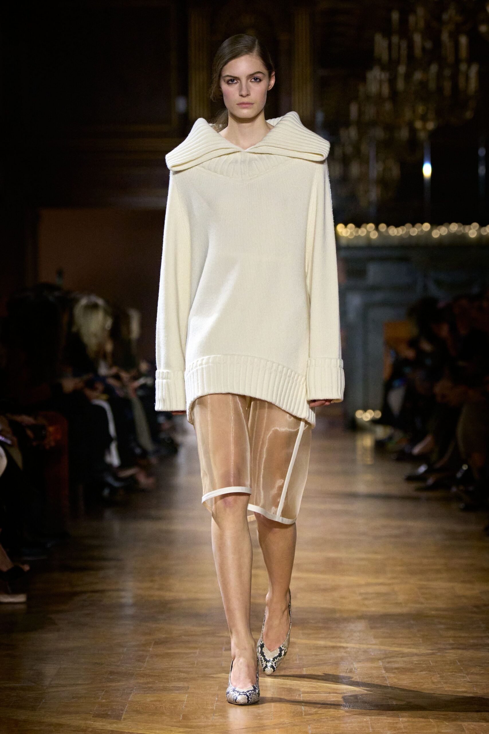 beige silk slit fitted sheer skirt