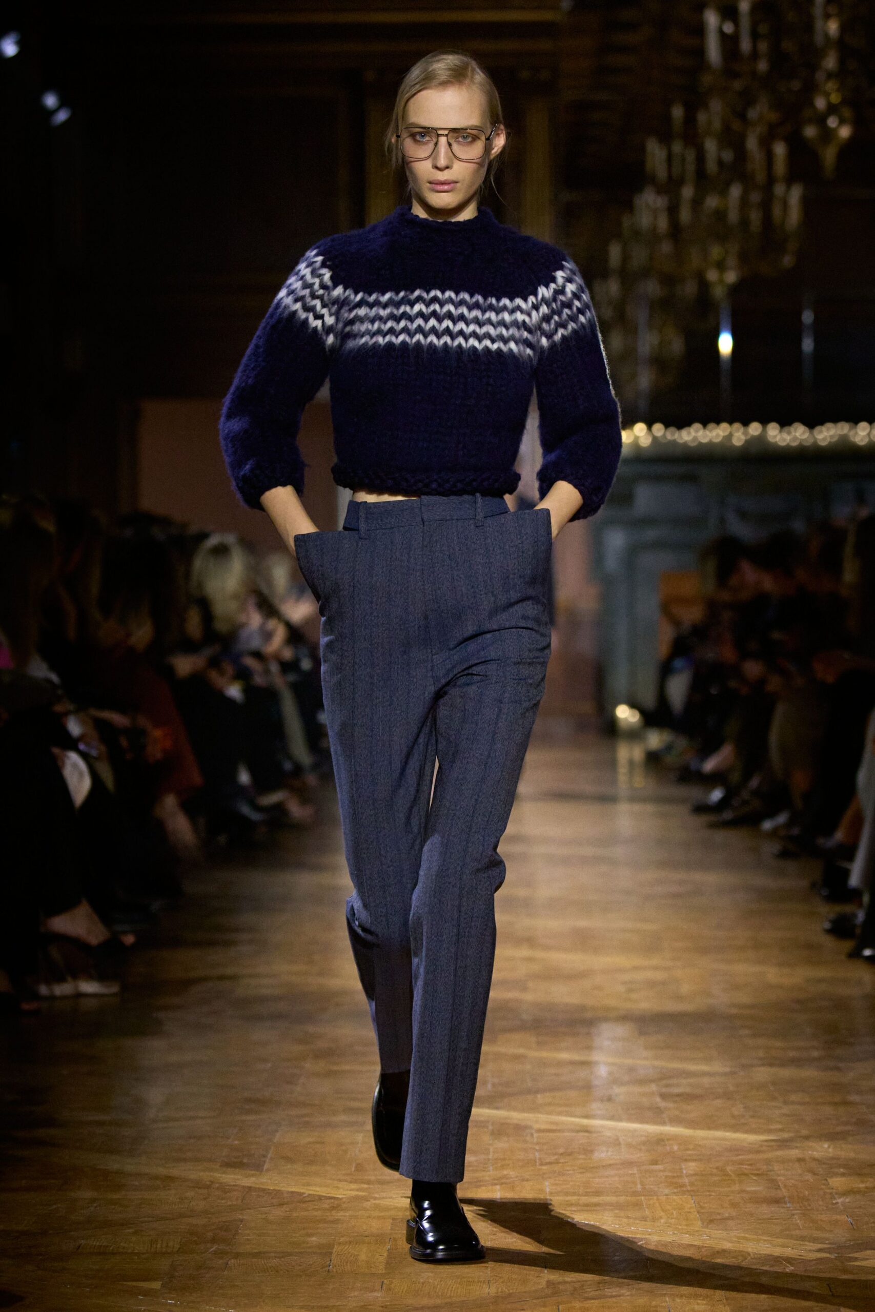 navy wool sweater gray tailored pants