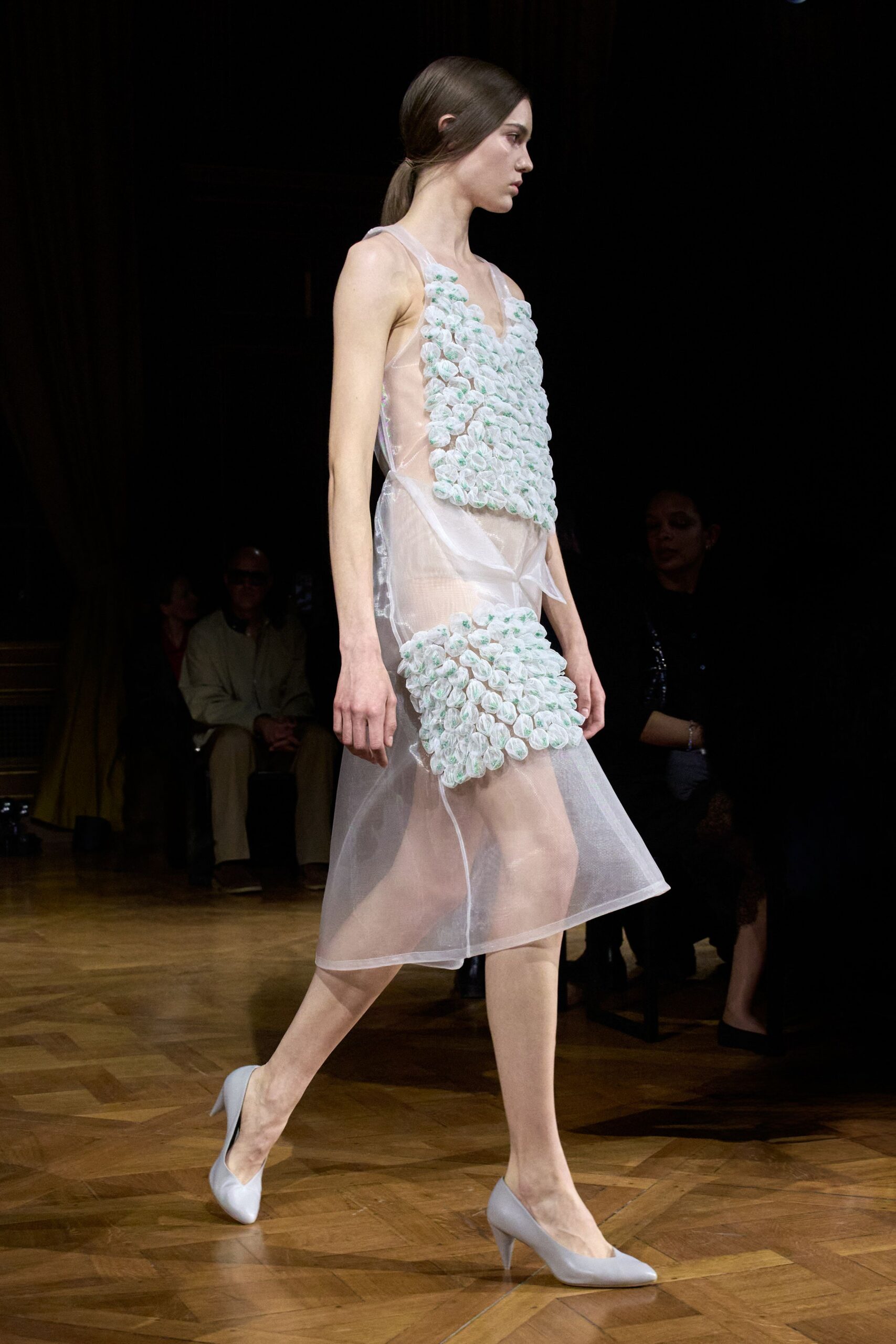 sheer layered midi dress with heels