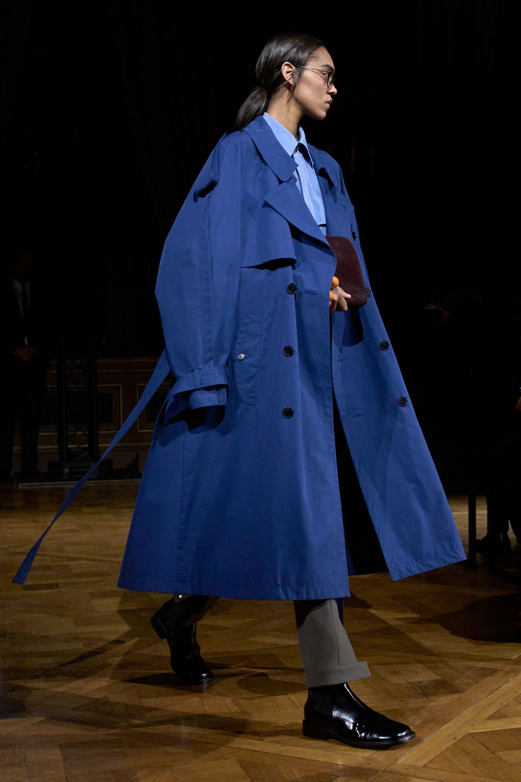 blue cotton long-sleeve collared oversized belted trench
