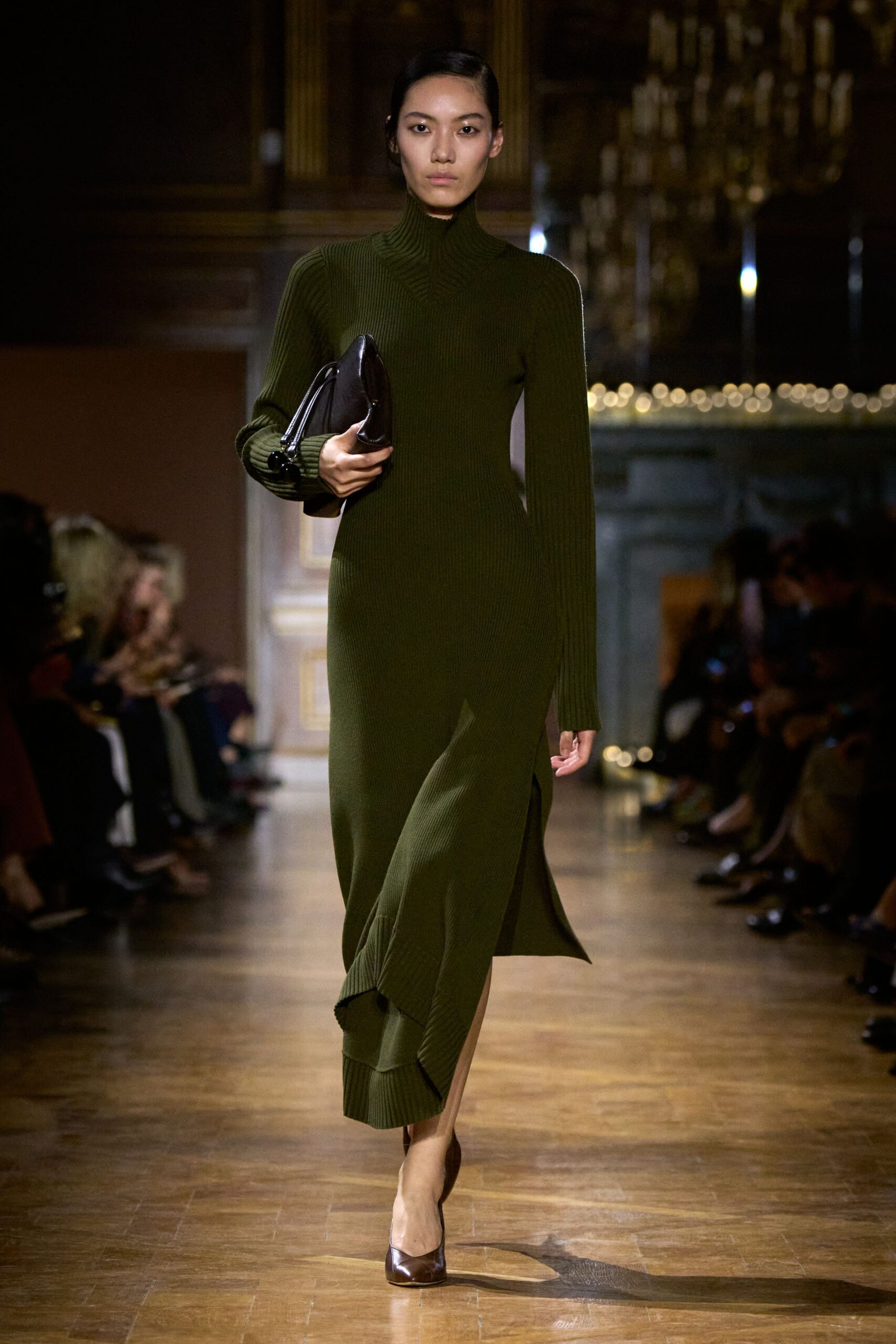 green knit long-sleeve turtleneck fitted ribbed midi dress
