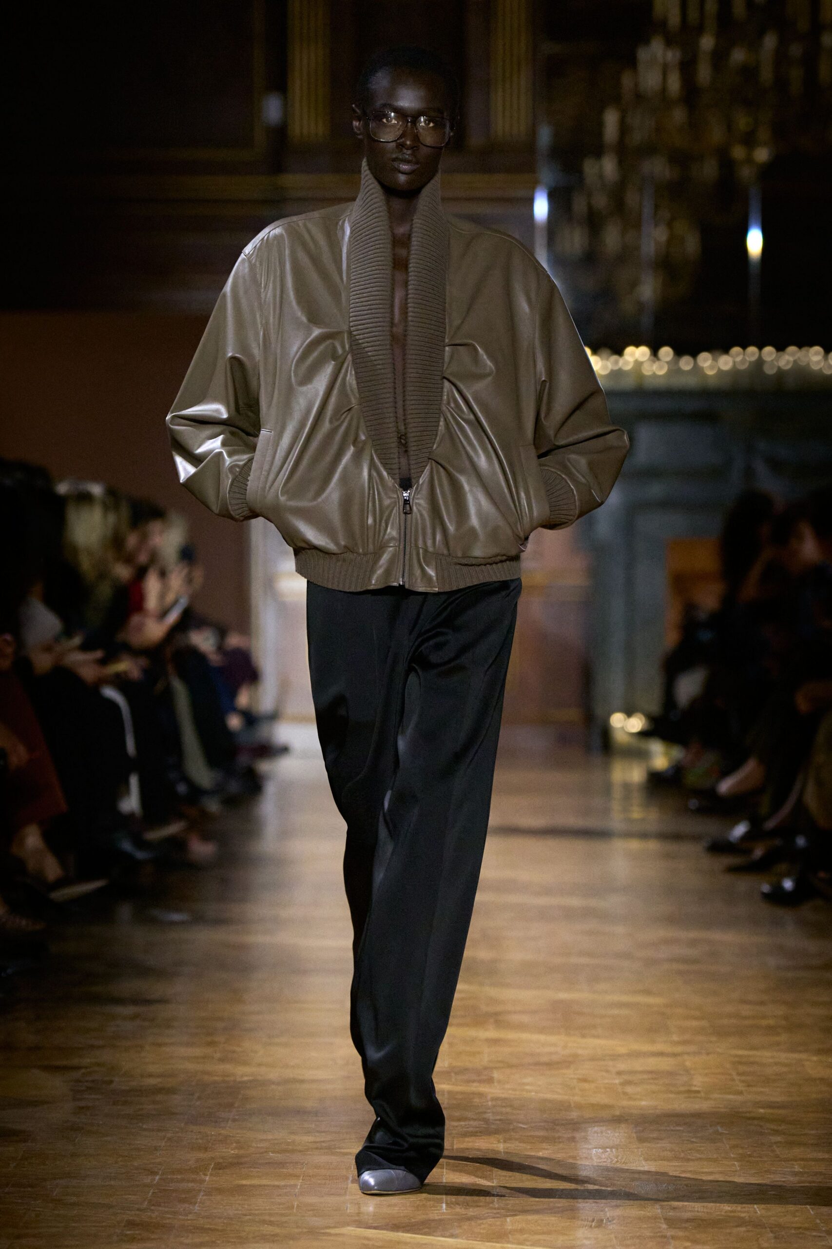 brown leather long-sleeve collared oversized jacket