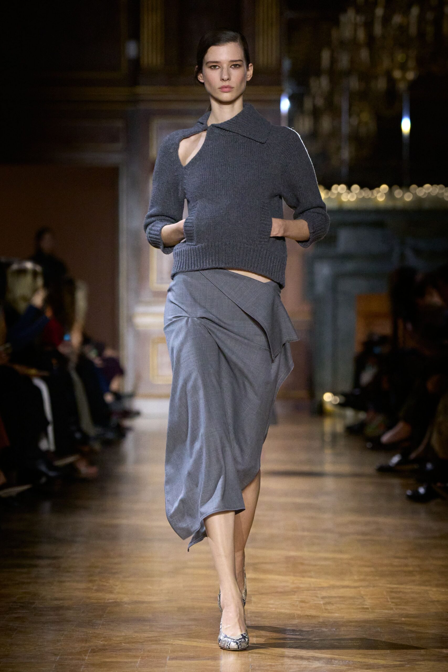 gray wool long-sleeve collared fitted layered sweater