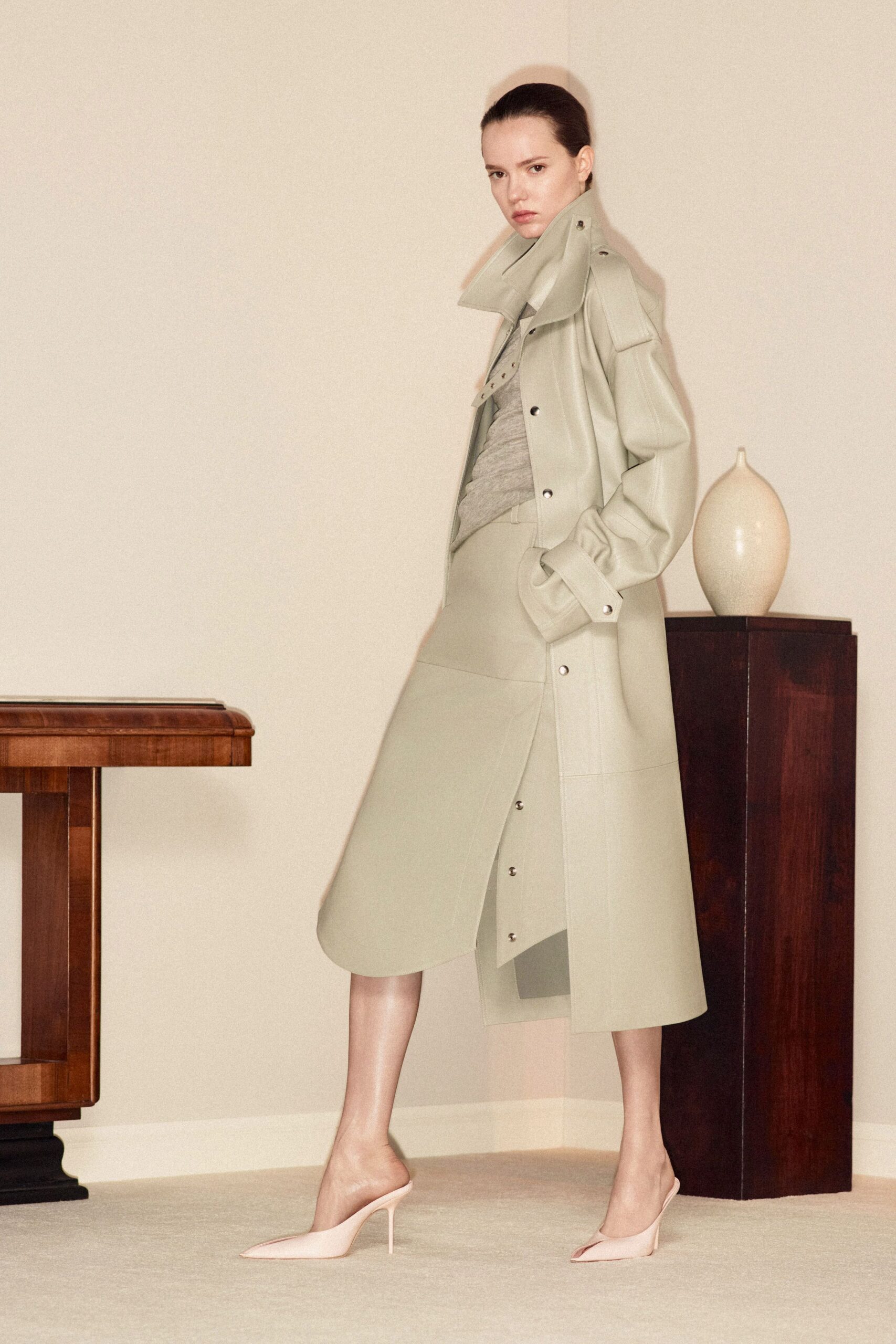 beige leather fitted straight-leg midi skirt