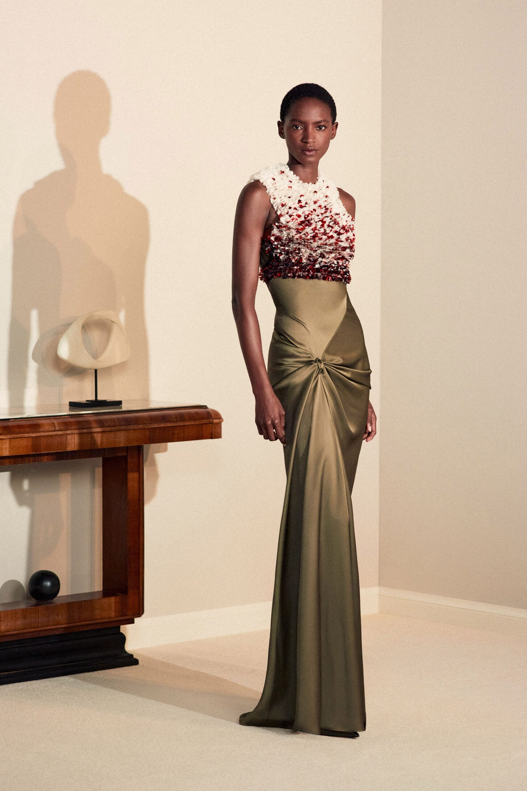 olive silk sleeveless gown