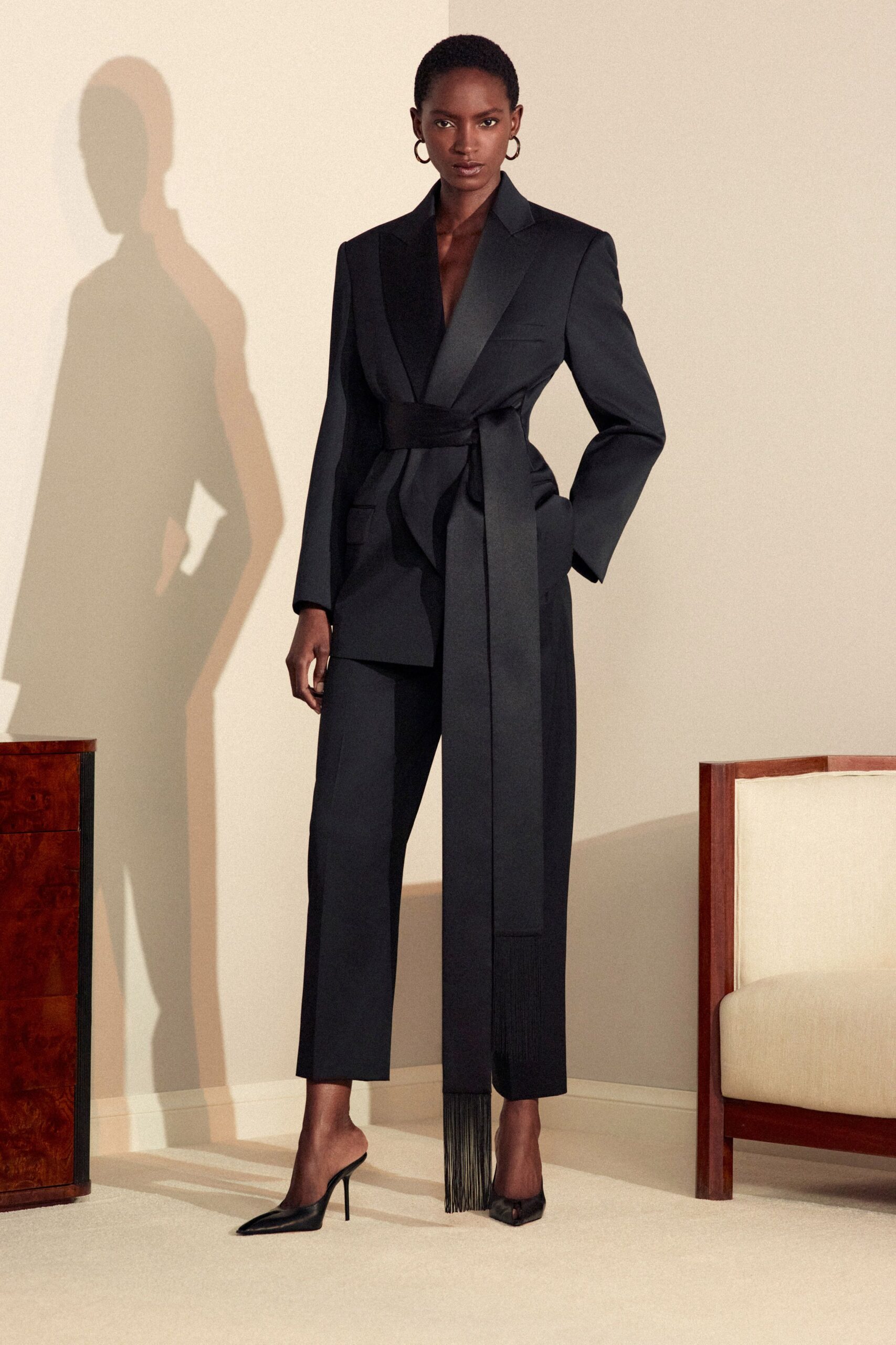 black wool tailored straight-leg pants