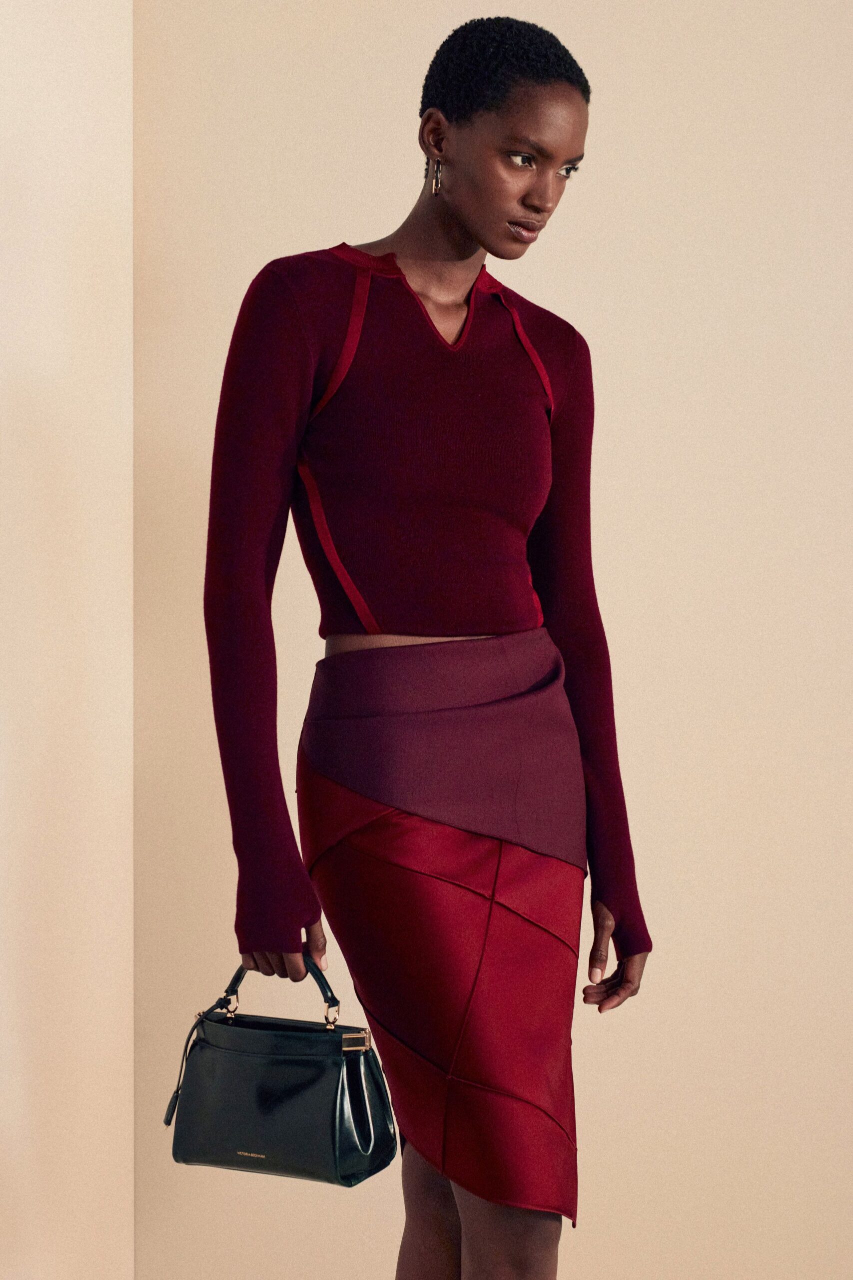 red wool long-sleeve v-neck fitted layered top