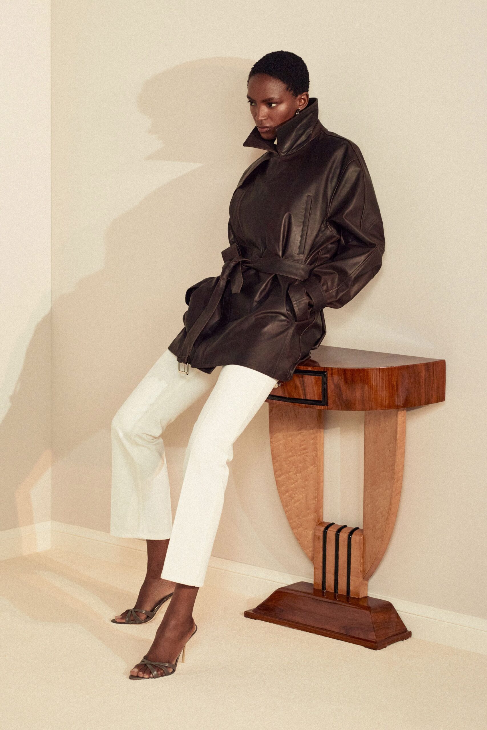 brown leather long-sleeve collared relaxed belted jacket