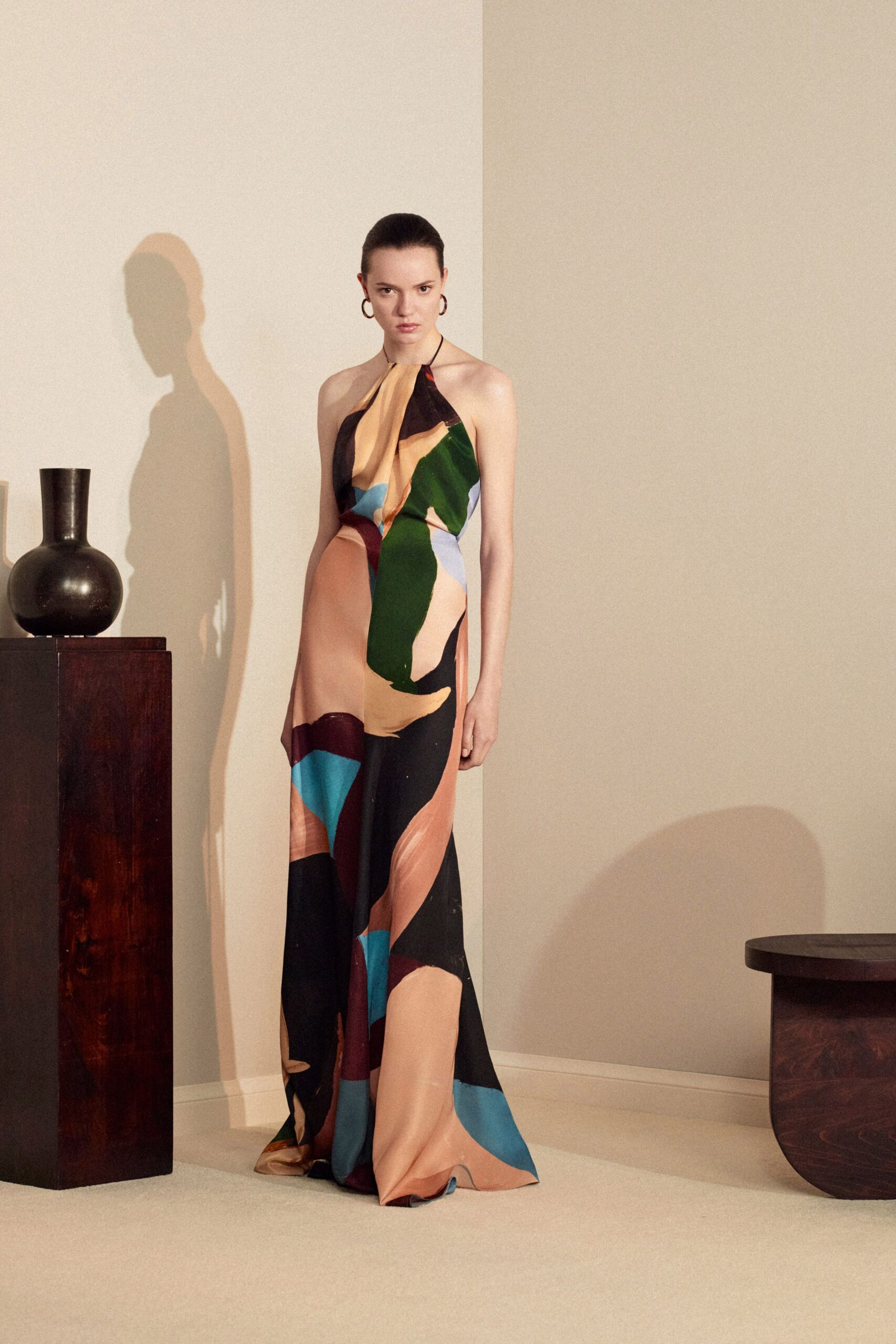 multi-colored silk halter gown