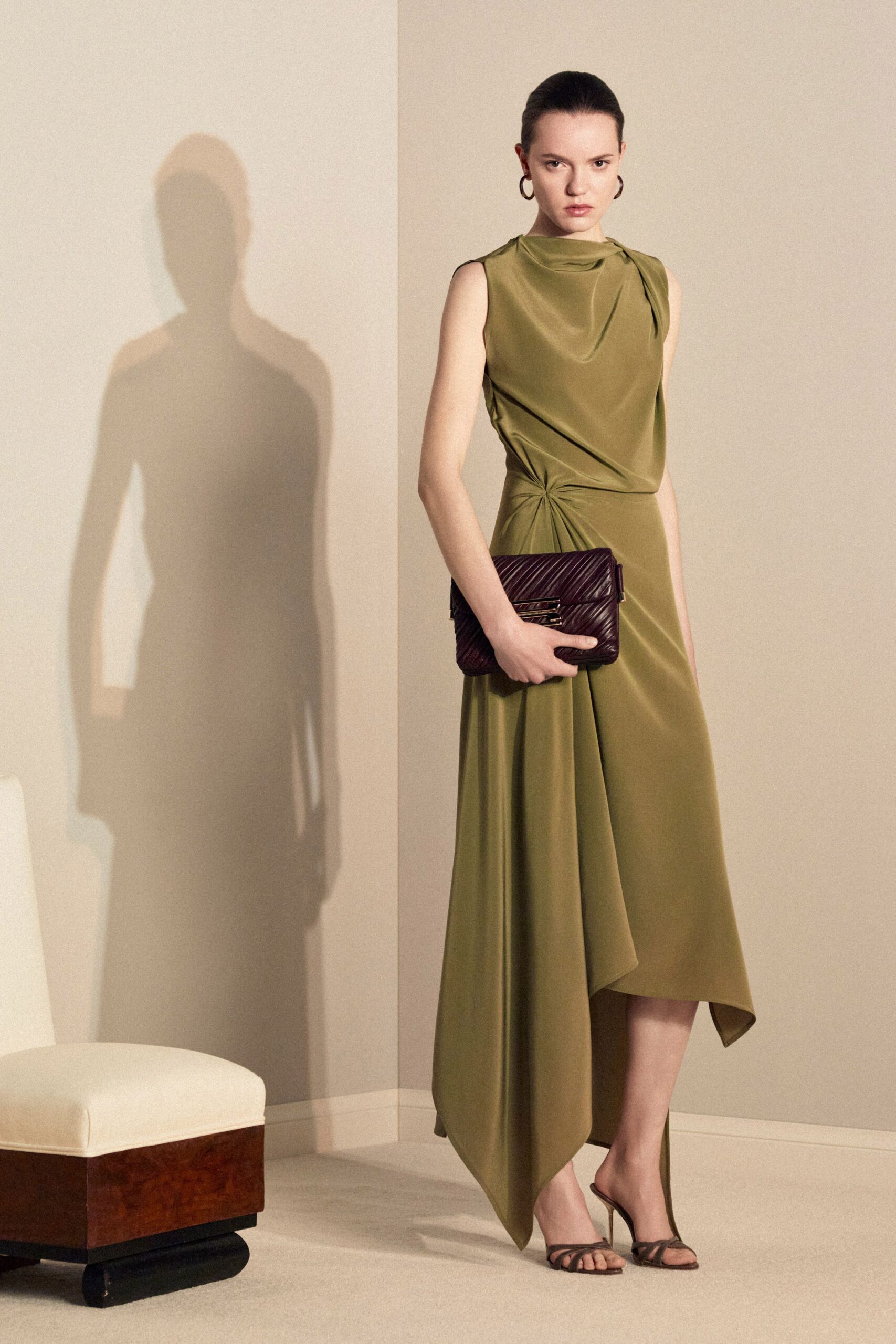 green silk sleeveless high-neck fitted draped midi dress