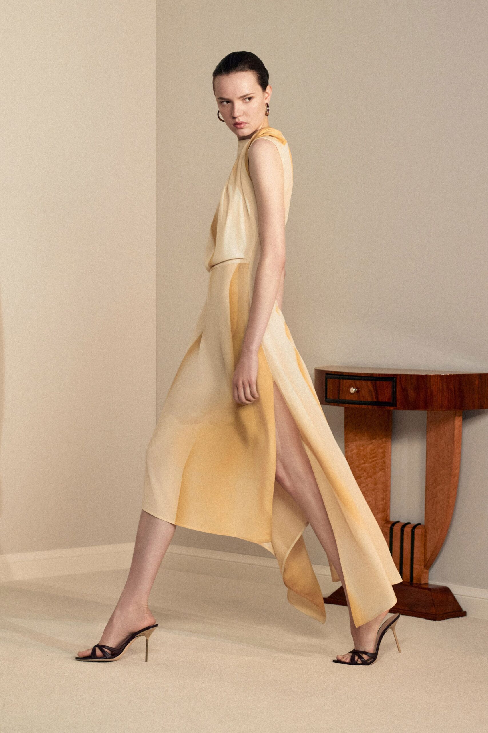 yellow silk sleeveless v-neck fitted draped flowing dress