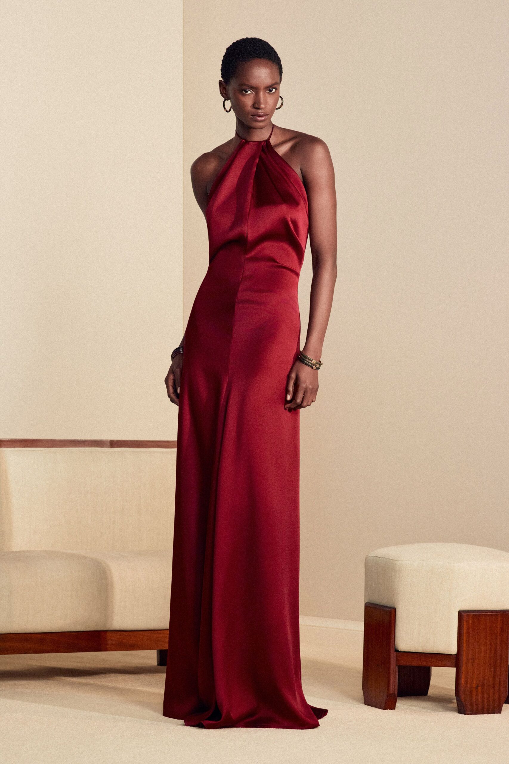 fitted red silk halter gown
