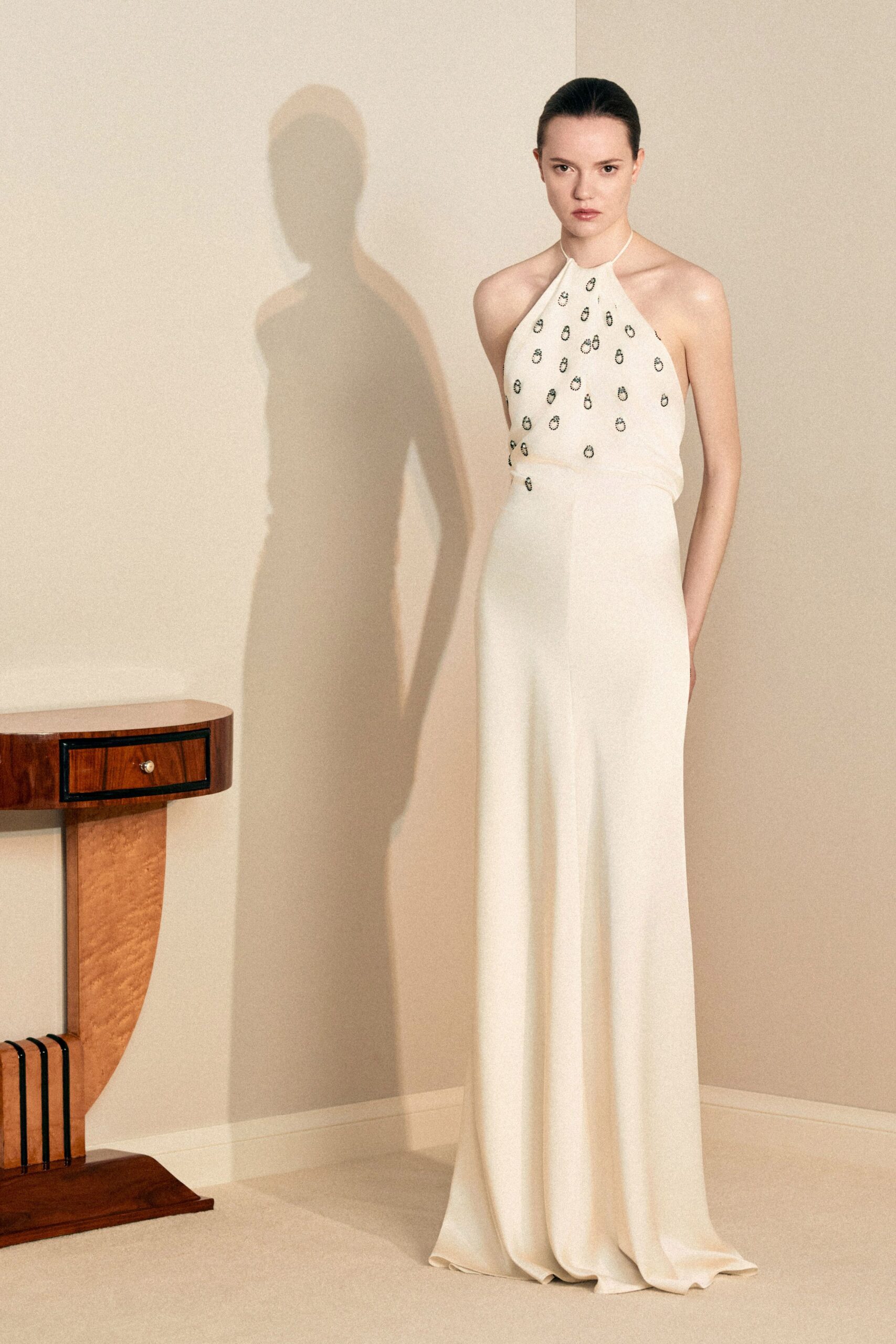 white silk halter gown