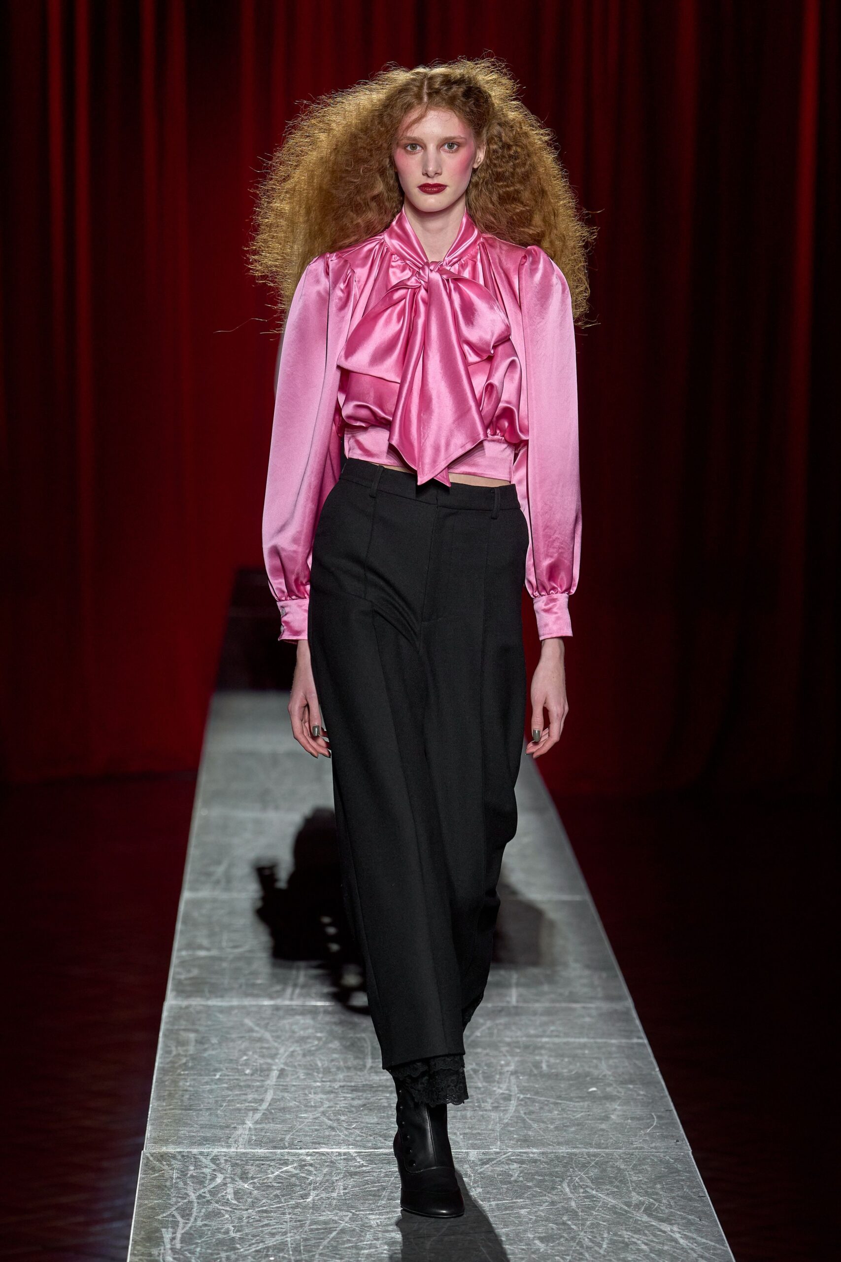 pink silk long-sleeve collared fitted ruffled top
