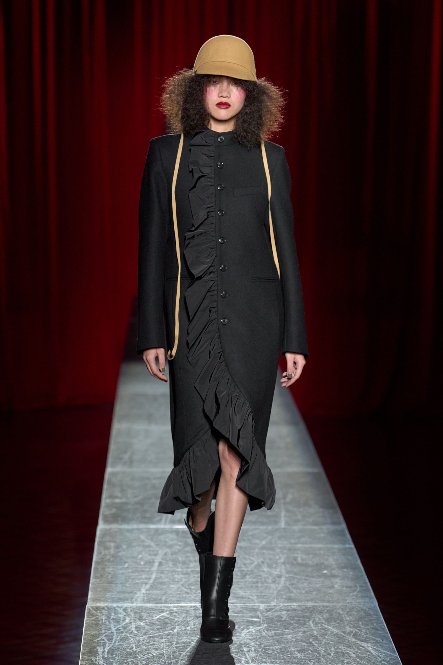 black wool long-sleeve collared fitted buttoned ruffled dress