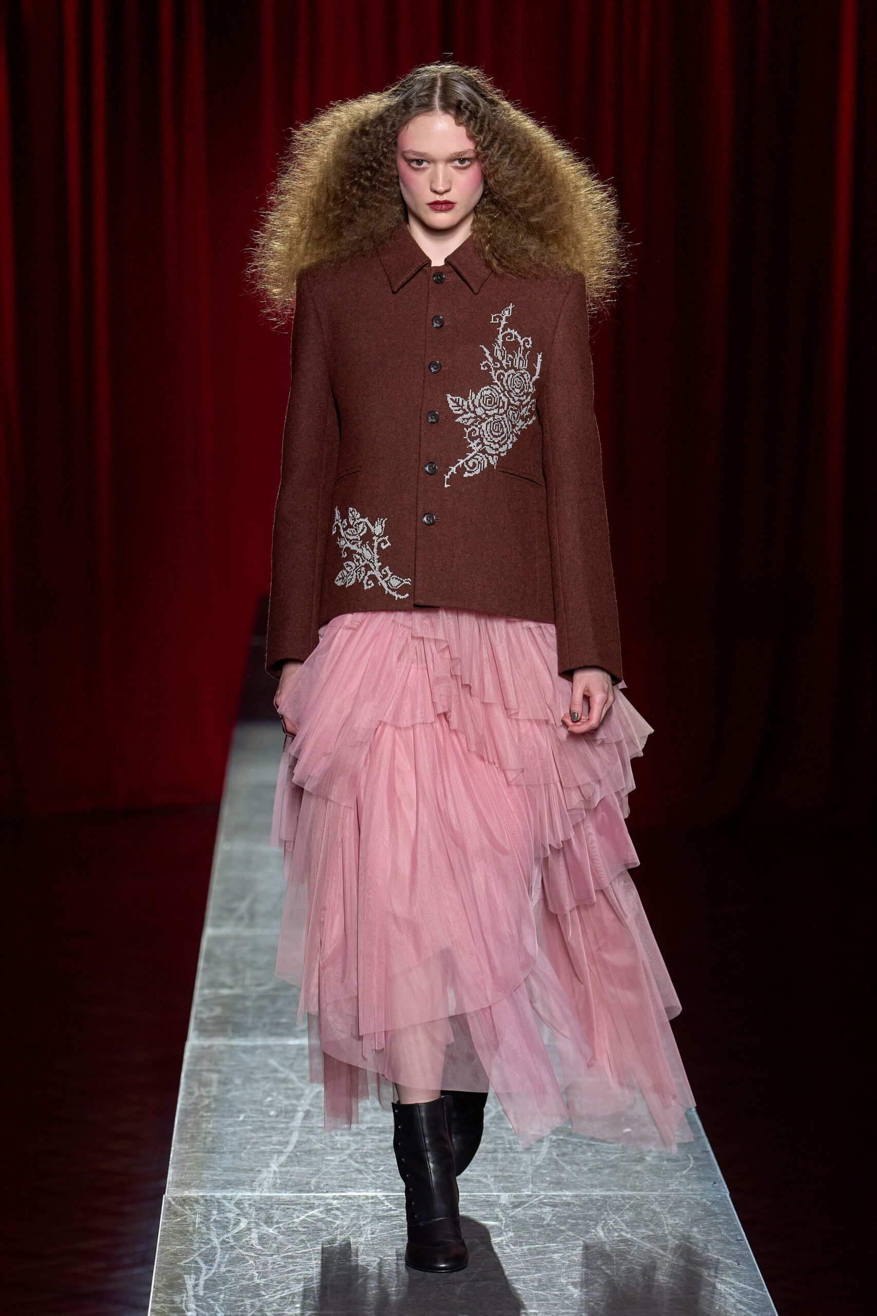 brown wool long-sleeve collared structured embroidered jacket