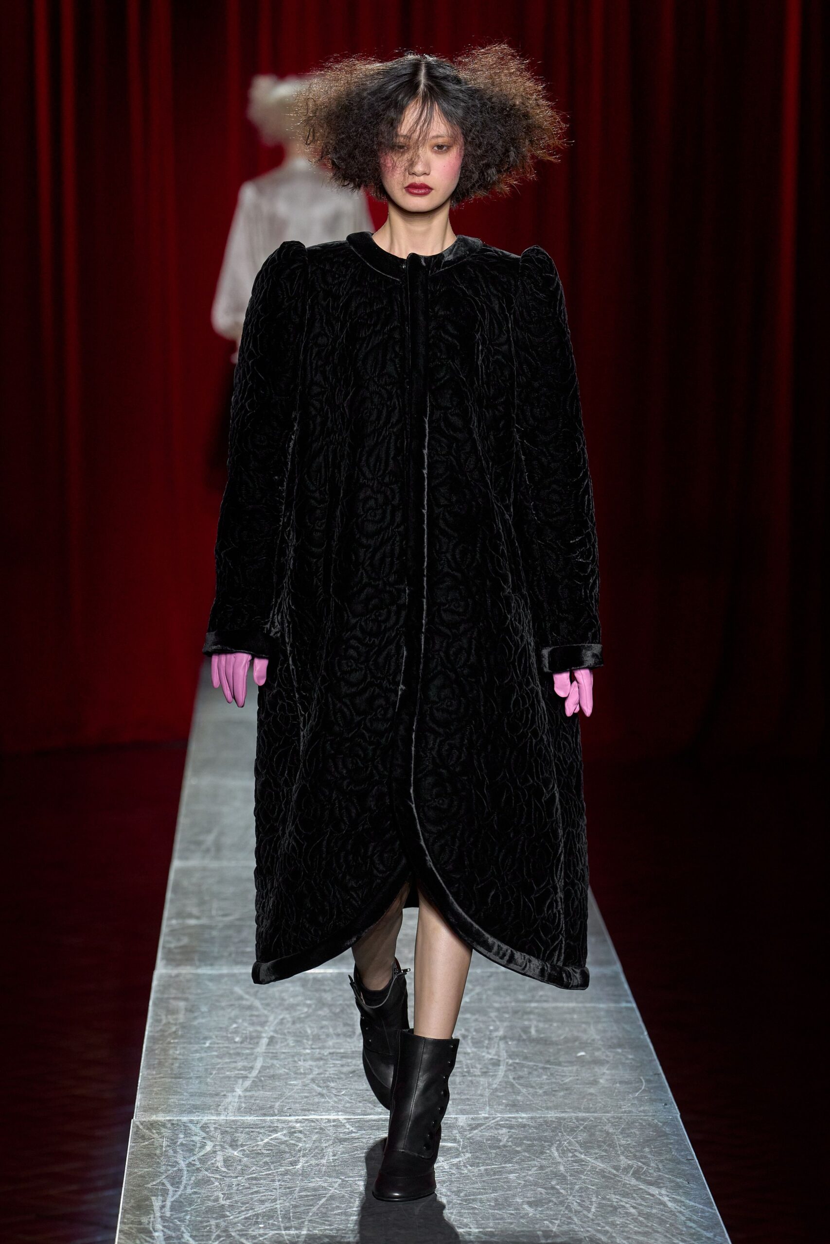 black velvet long-sleeve collared relaxed embroidered draped coat