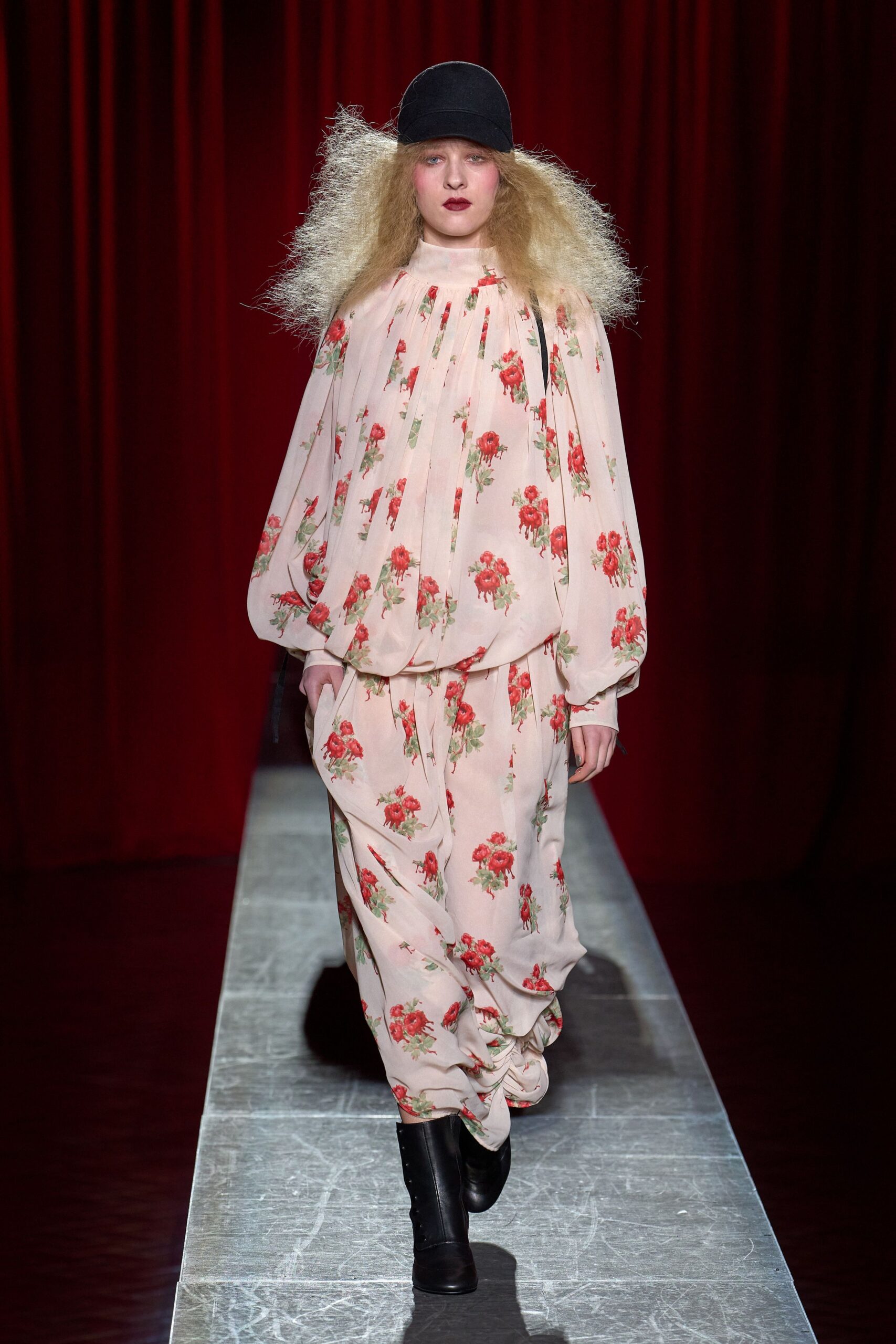 pink silk long-sleeve collared relaxed floral pleated dress