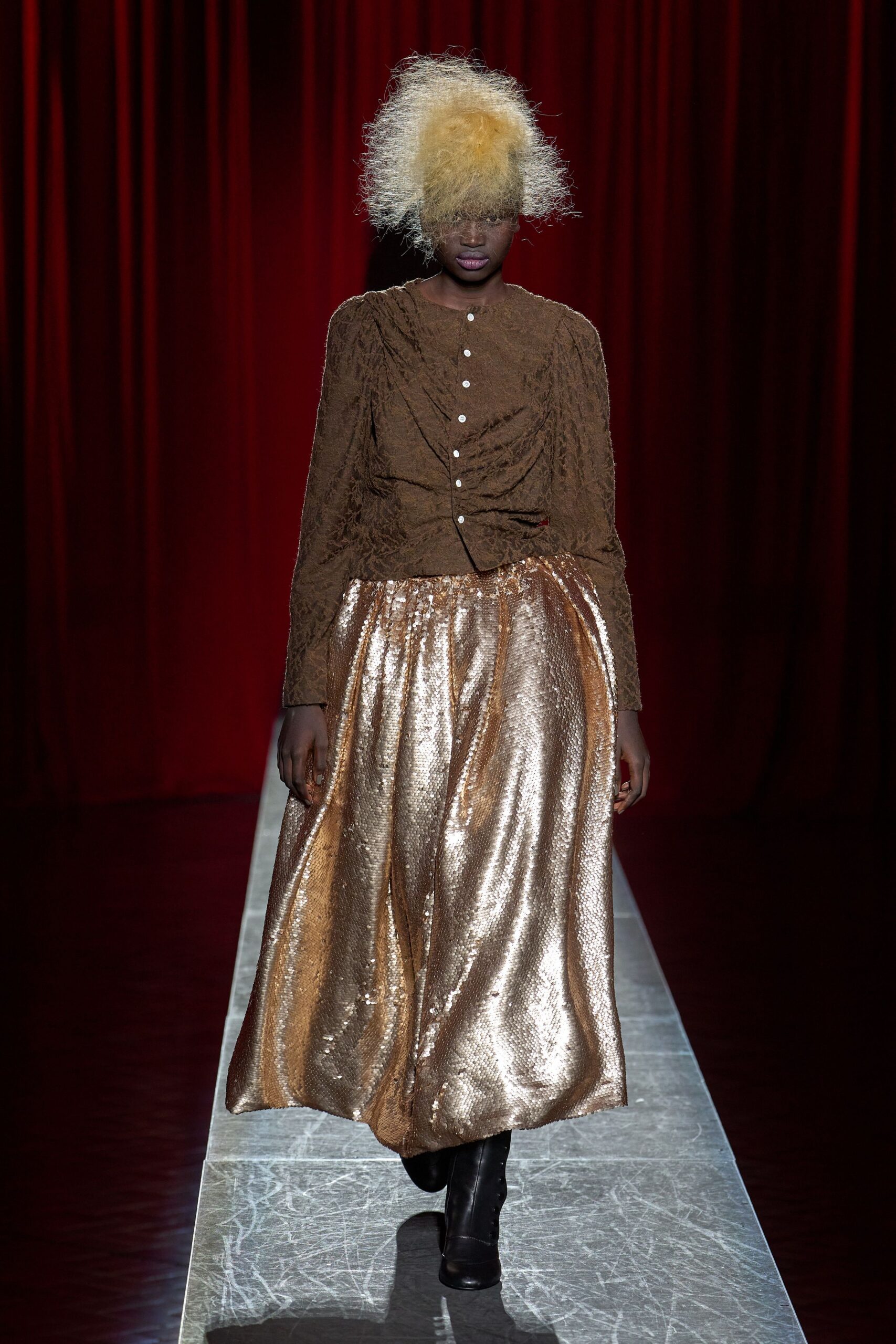 brown velvet long-sleeve collared fitted pleated buttoned blouse