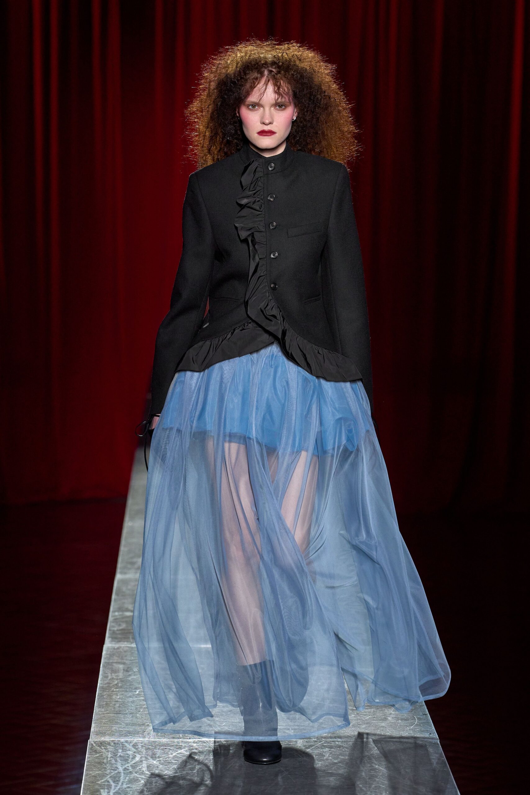 blue tulle sleeveless v-neck fitted layered flowing dress
