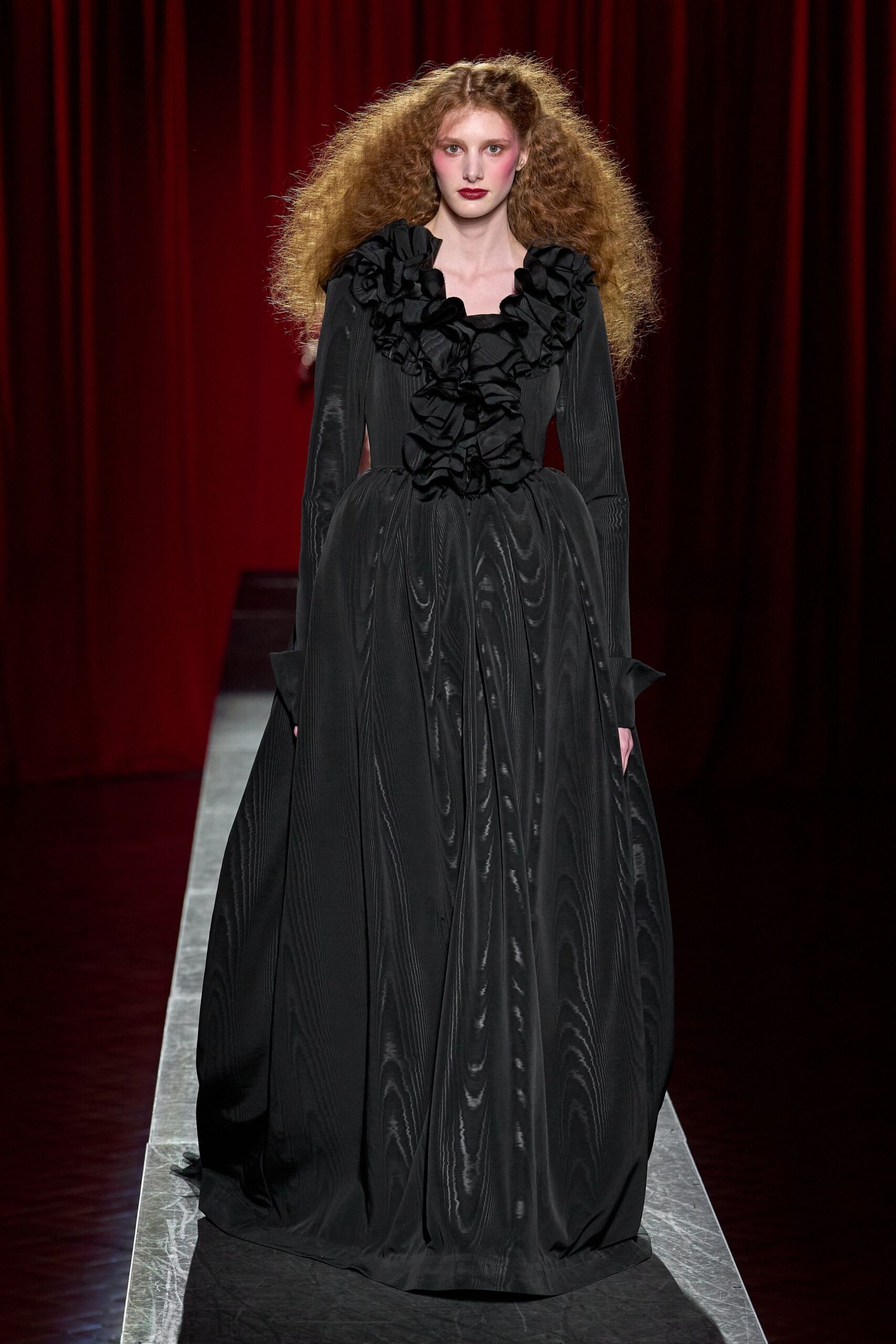 black silk ruffled gown