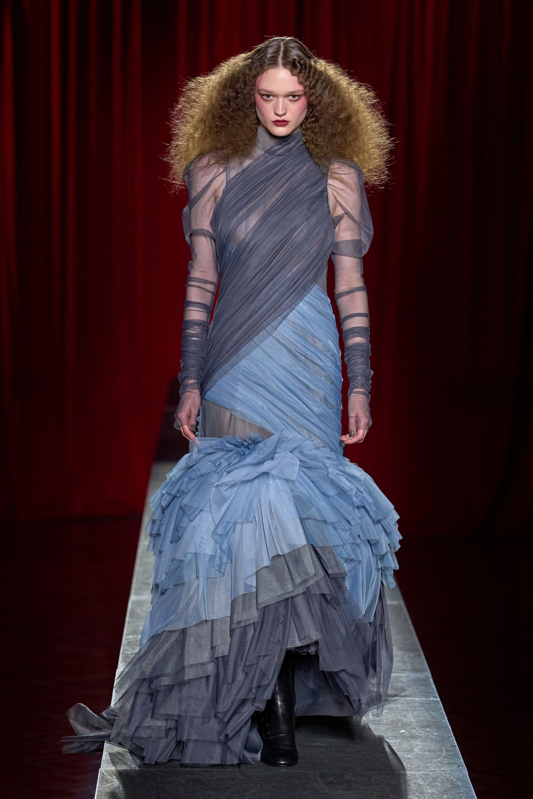 blue silk long-sleeve high-neck fitted ruffled layered gown
