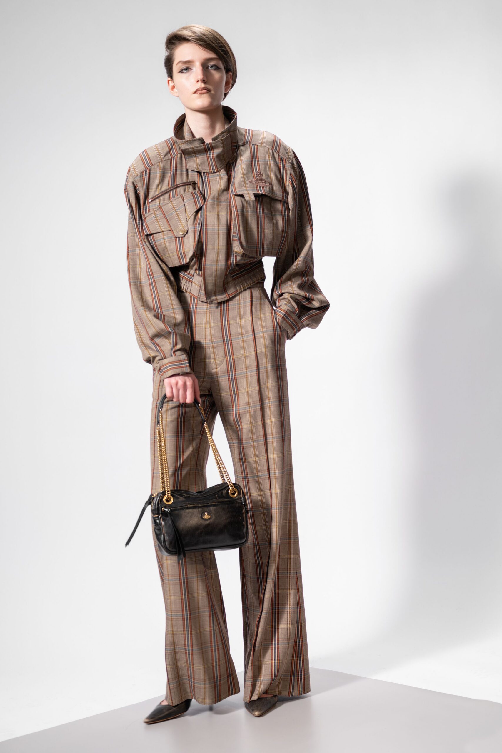 beige checked shirt and pants
