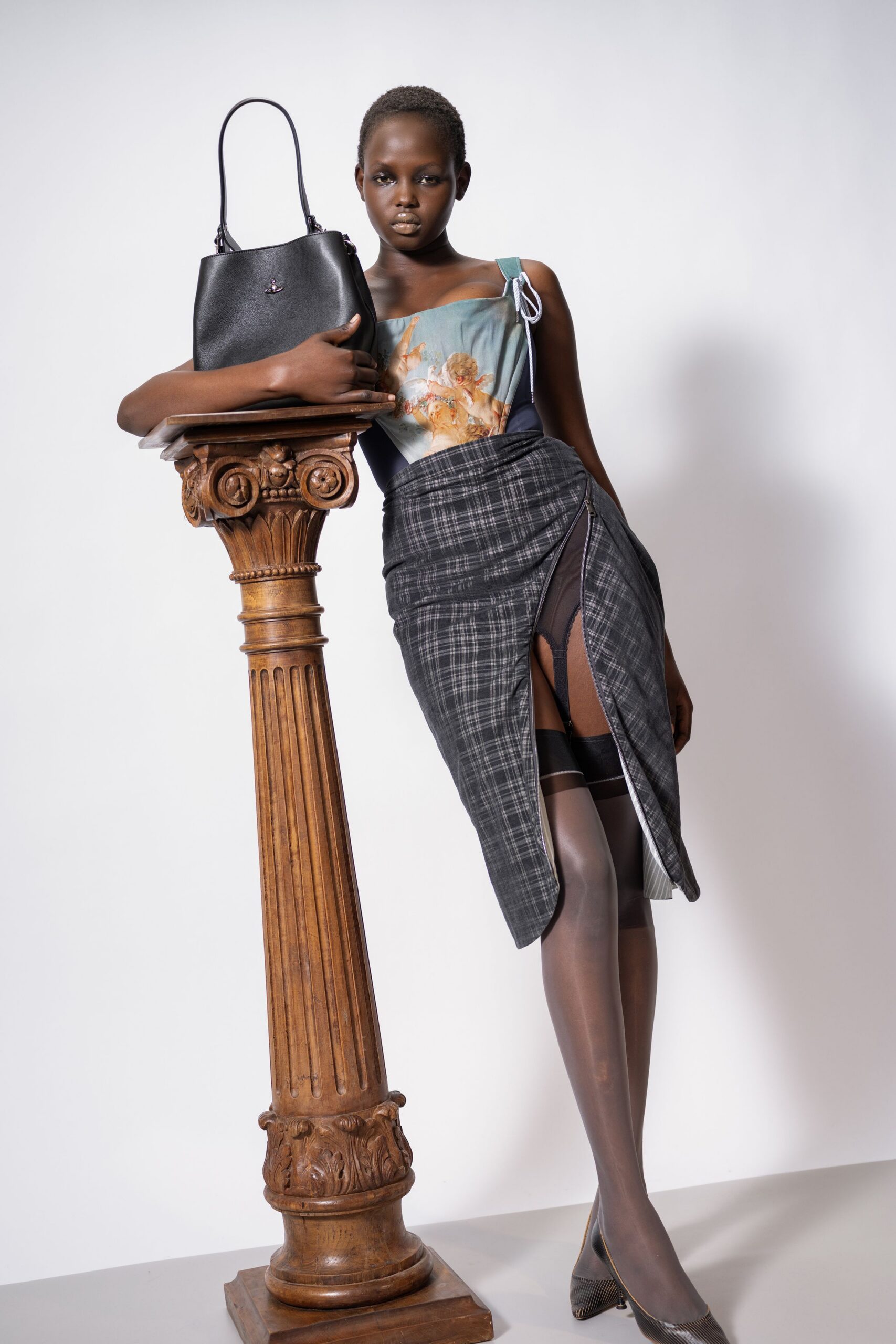 gray cotton asymmetric fitted pleated zippered skirt