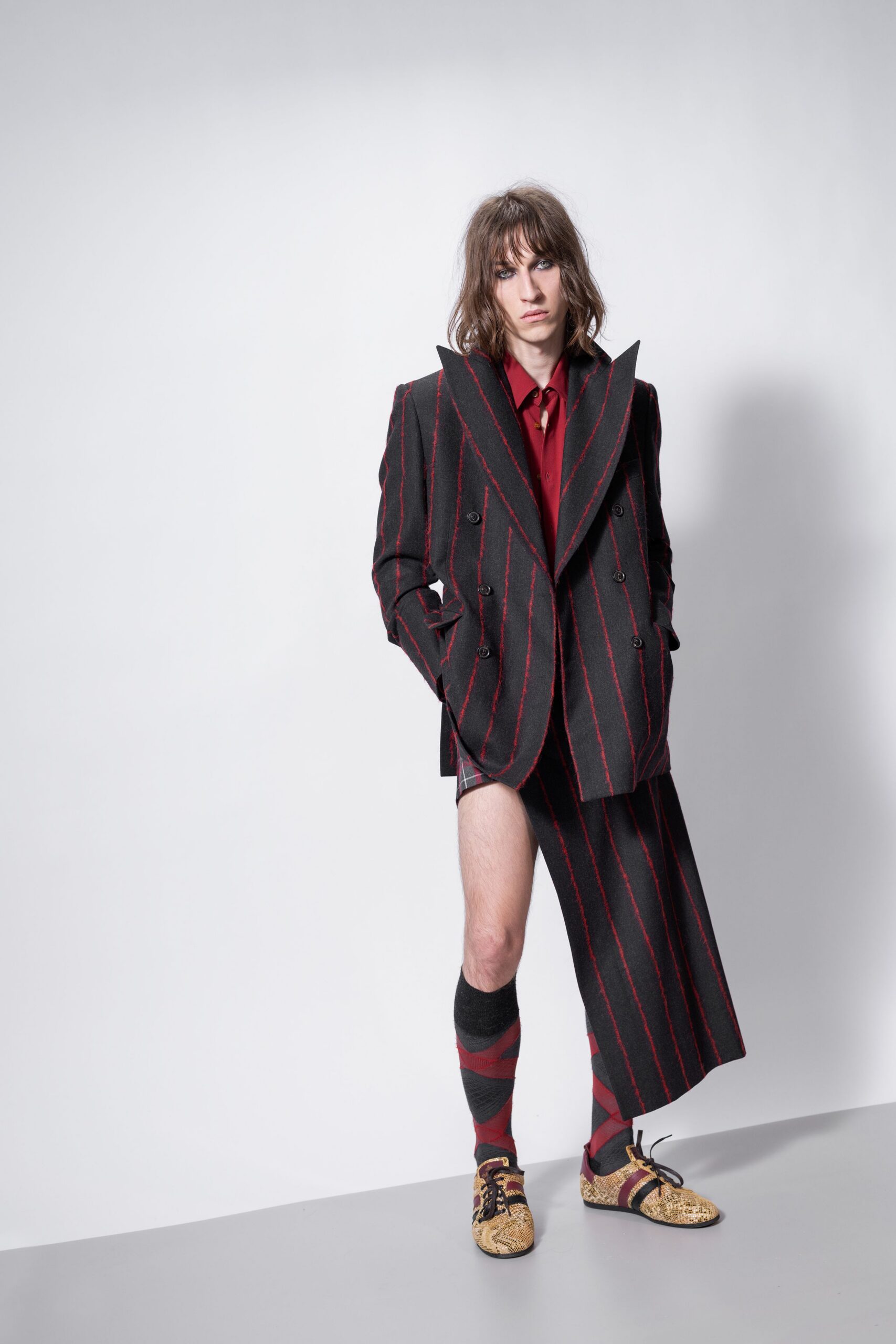 black wool asymmetric relaxed striped skirt