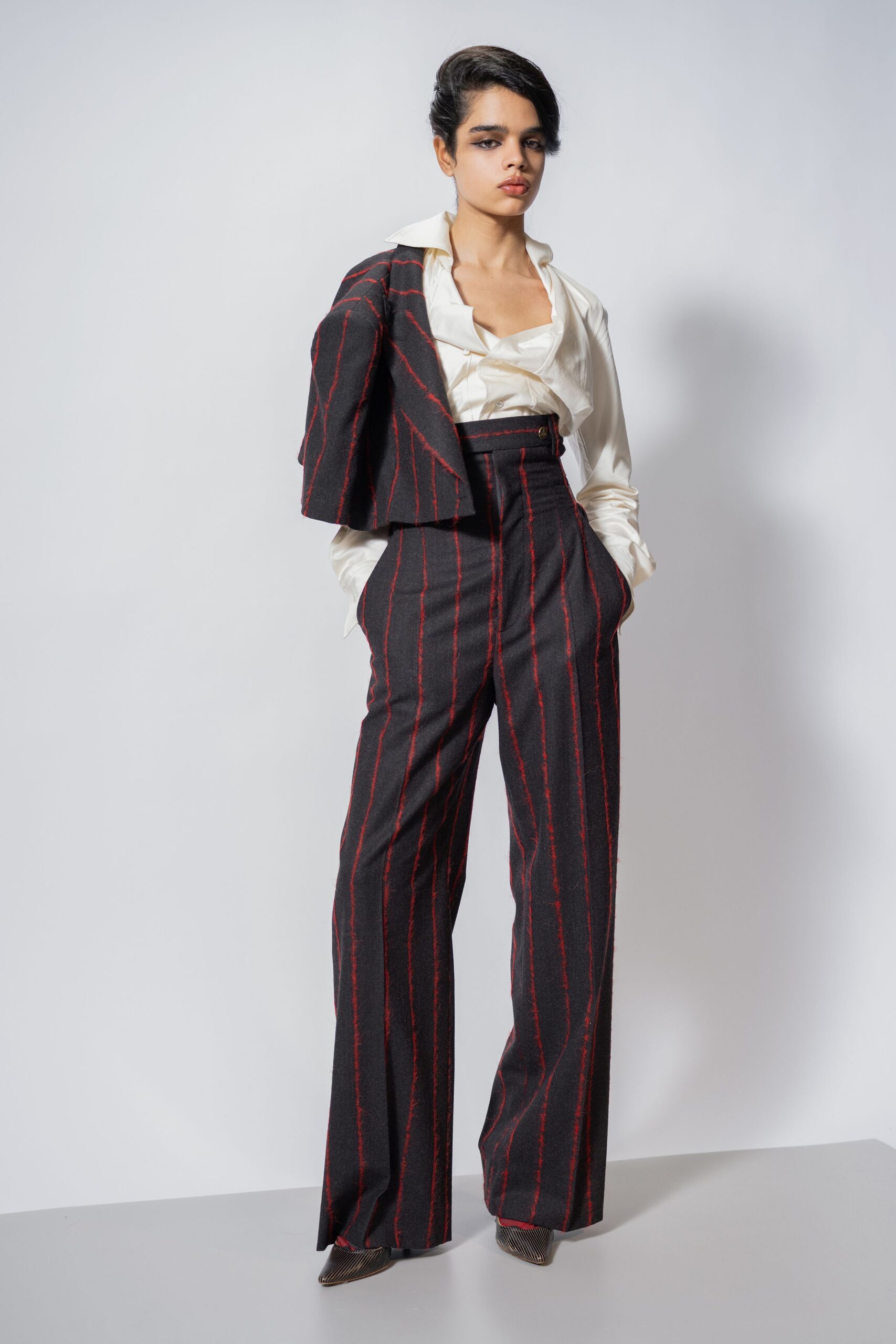 black wool tailored striped wide-leg pants