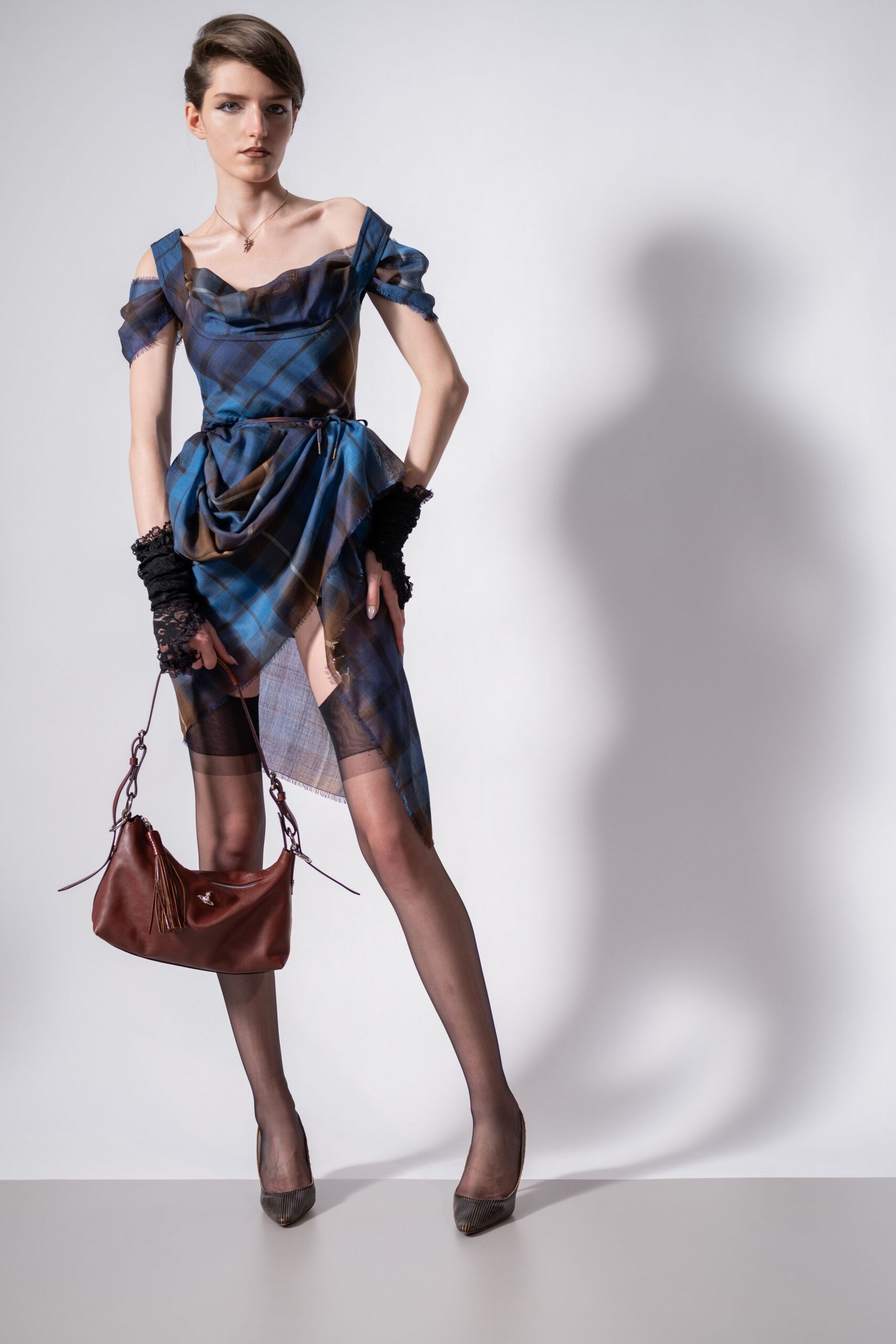 blue silk off-shoulder slit fitted pleated layered dress