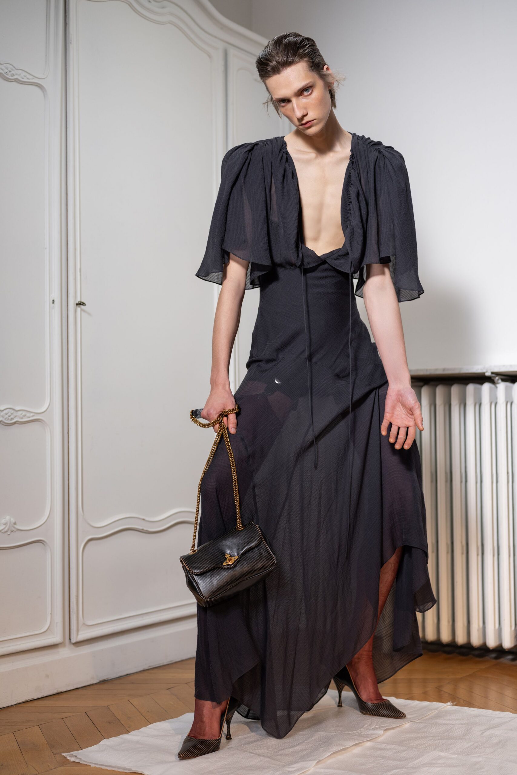 black chiffon sleeveless v-neck fitted layered flowing dress