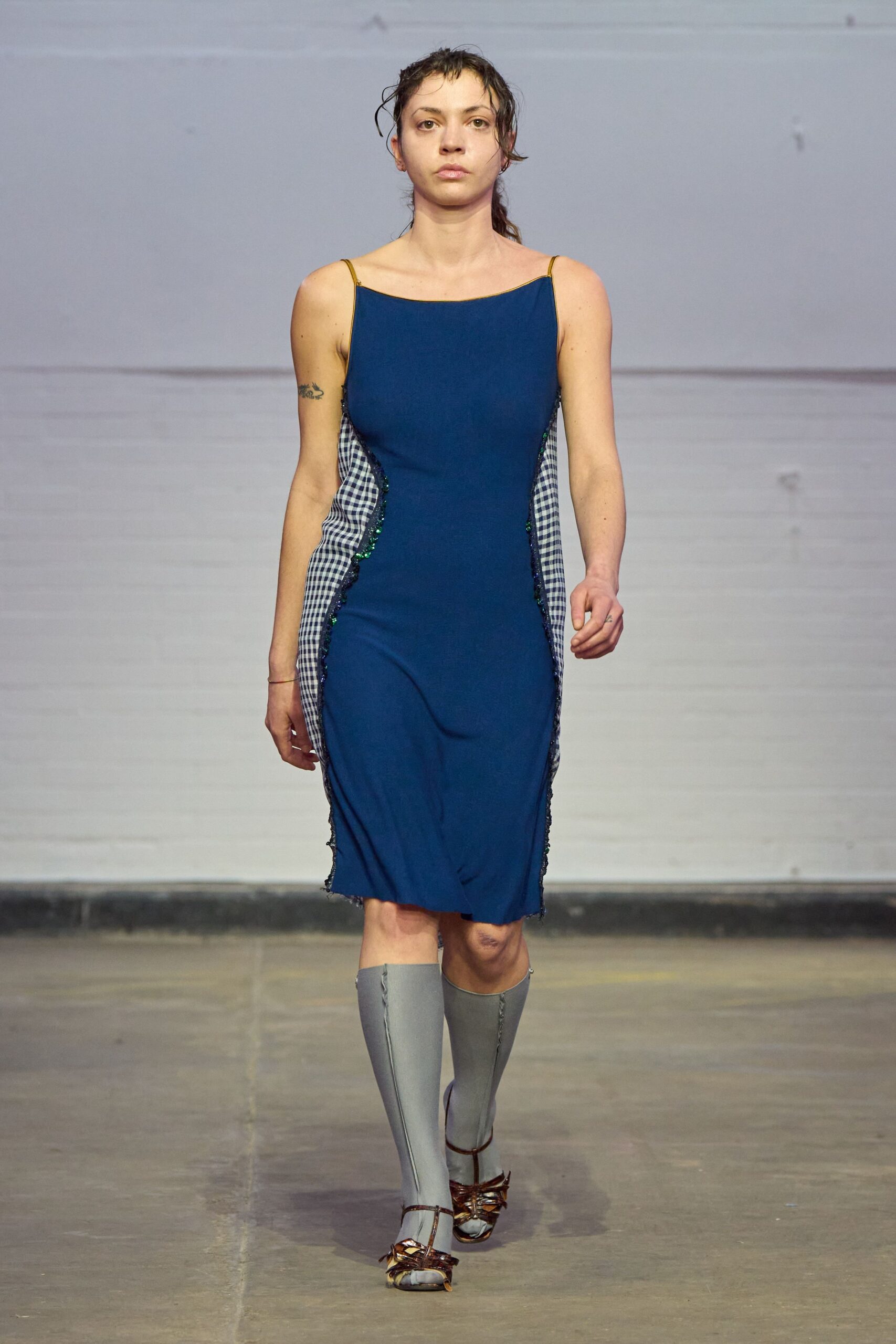 blue cotton sleeveless v-neck fitted layered midi dress