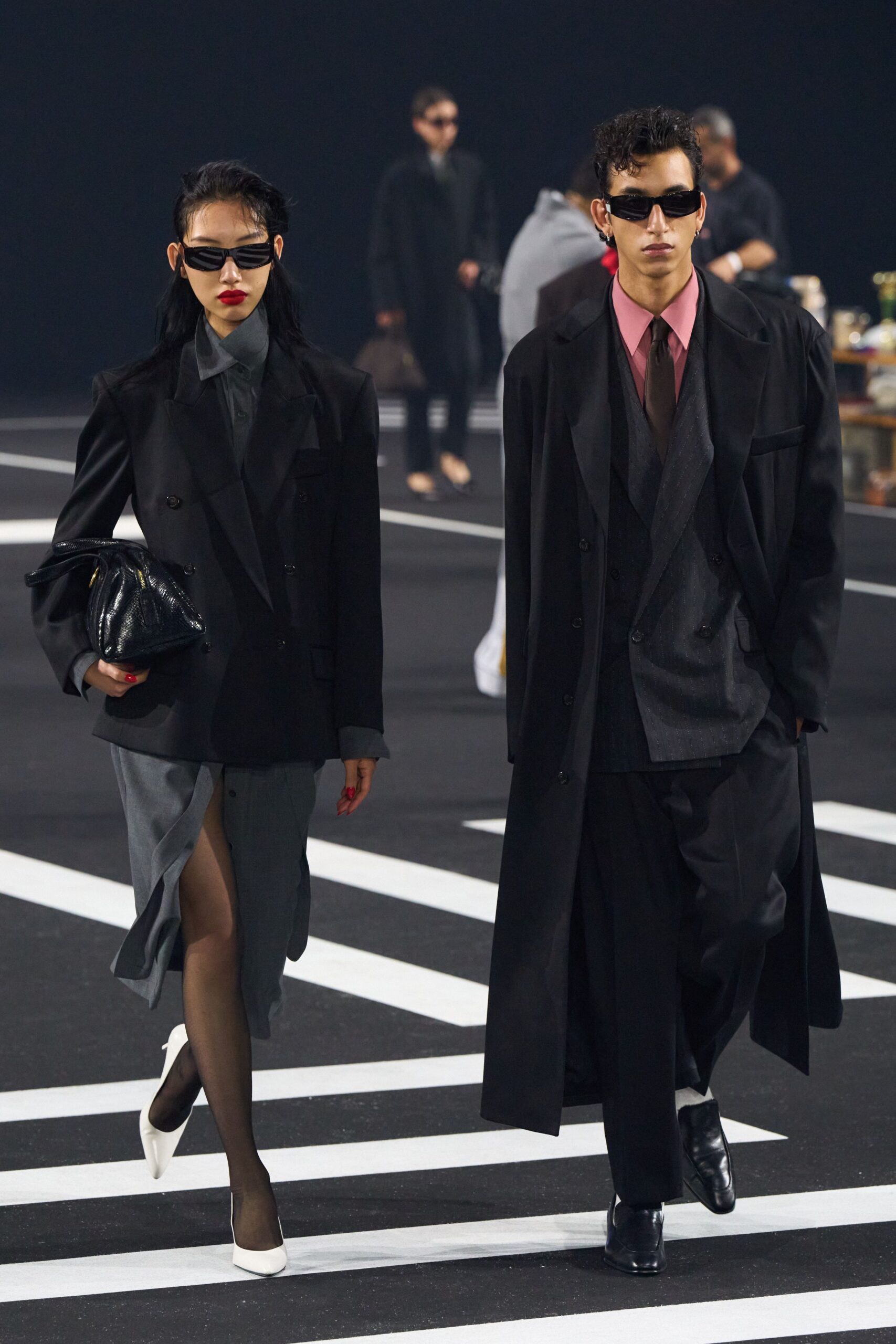 gray dress with black coat